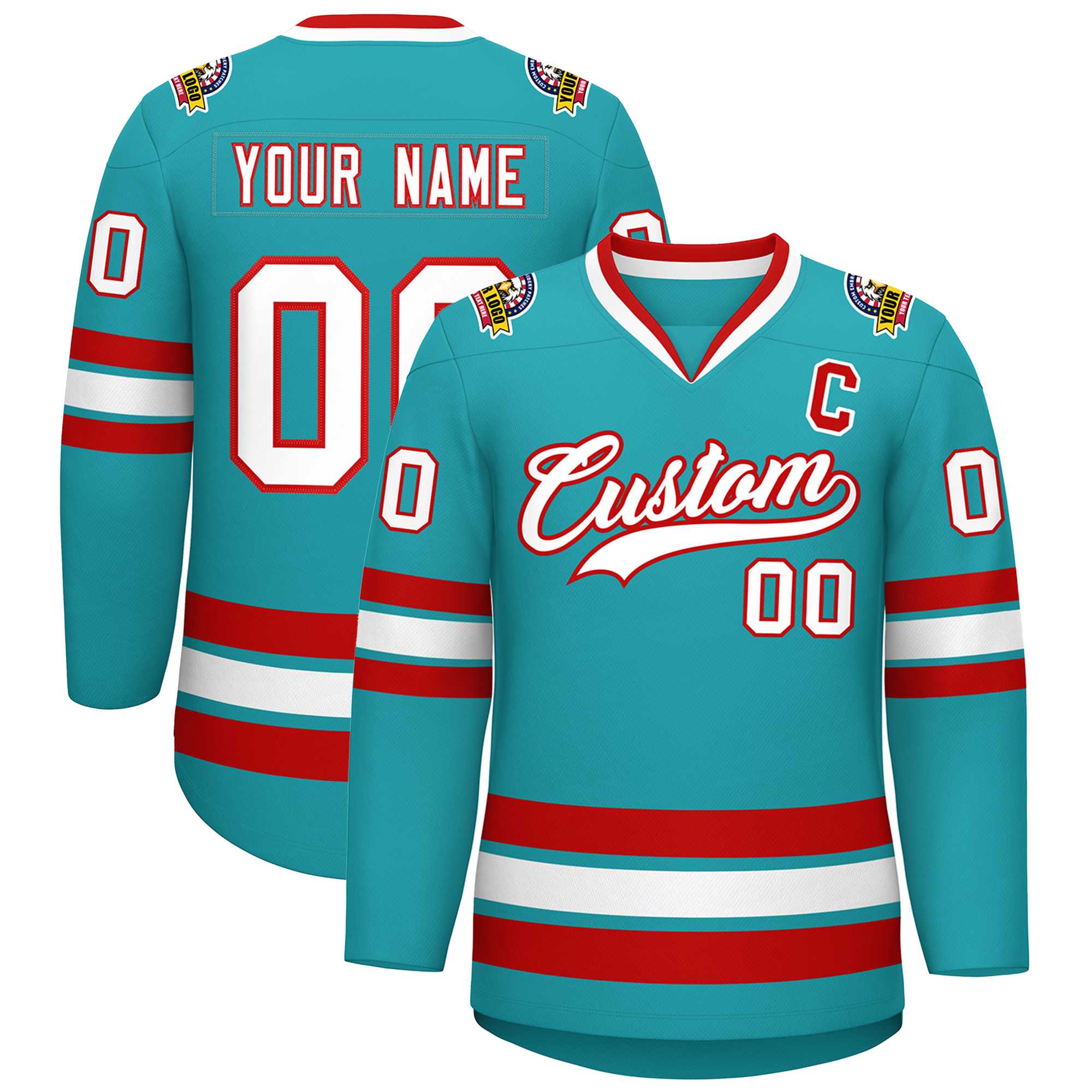 Custom Aqua White-Red Classic Style Hockey Jersey | KXKSHOP