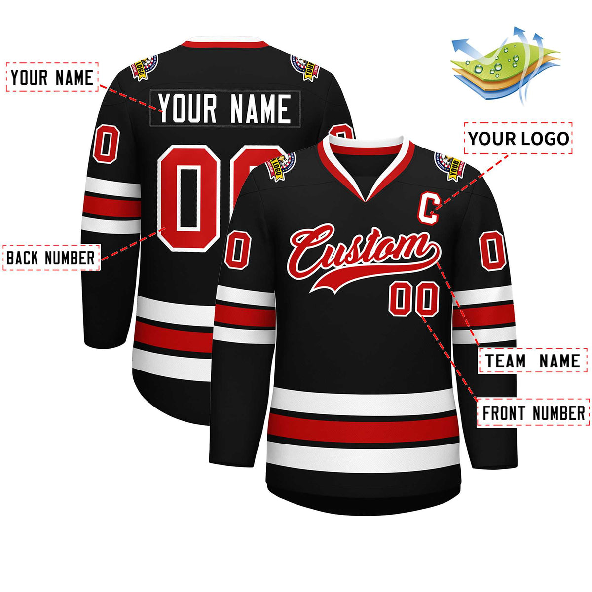 Custom Black Red-White Classic Style Hockey Jersey | KXKSHOP