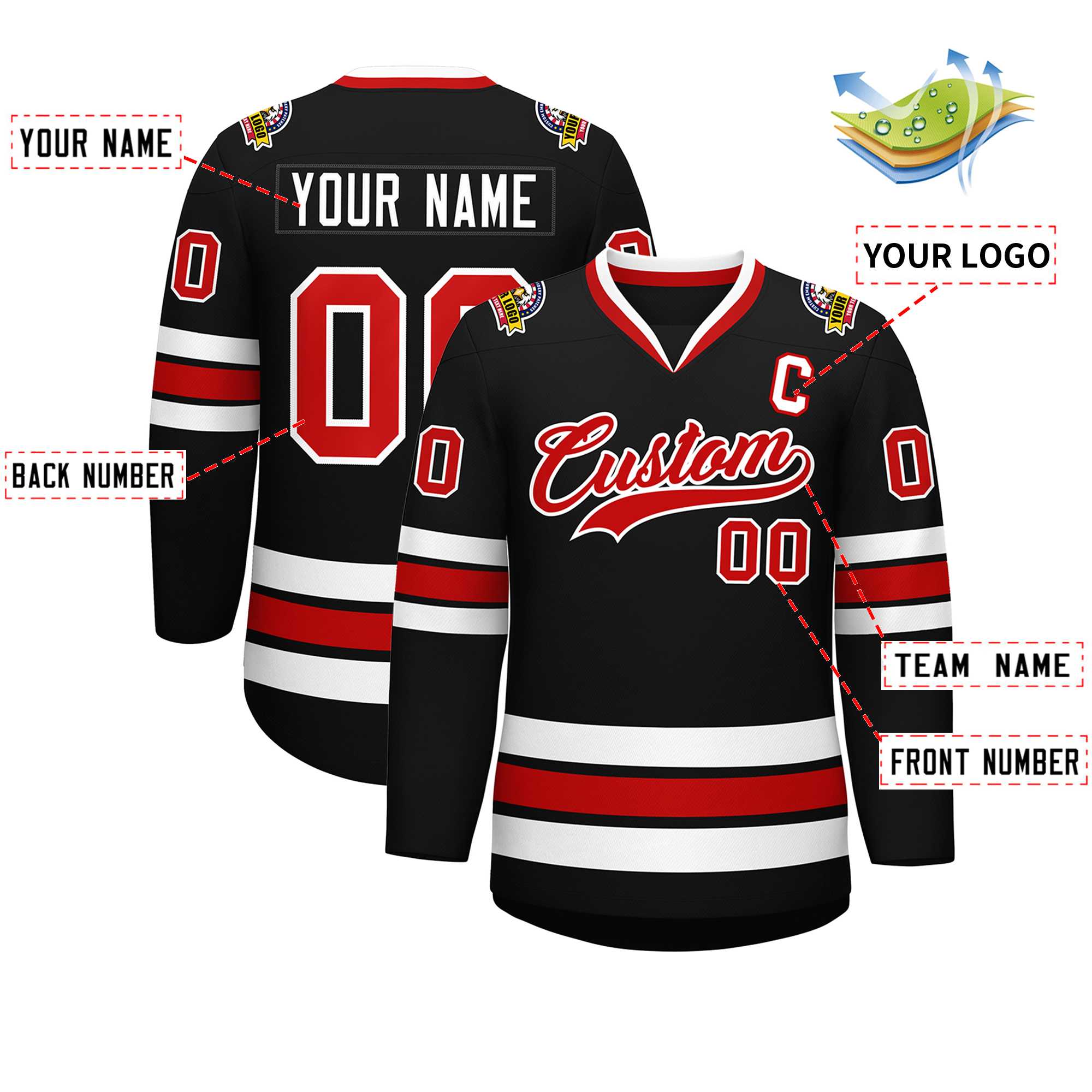 Custom Black Red-White Classic Style Hockey Jersey | KXKSHOP