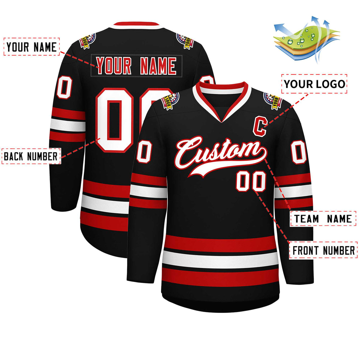 Custom Black White-Red Classic Style Hockey Jersey | KXKSHOP