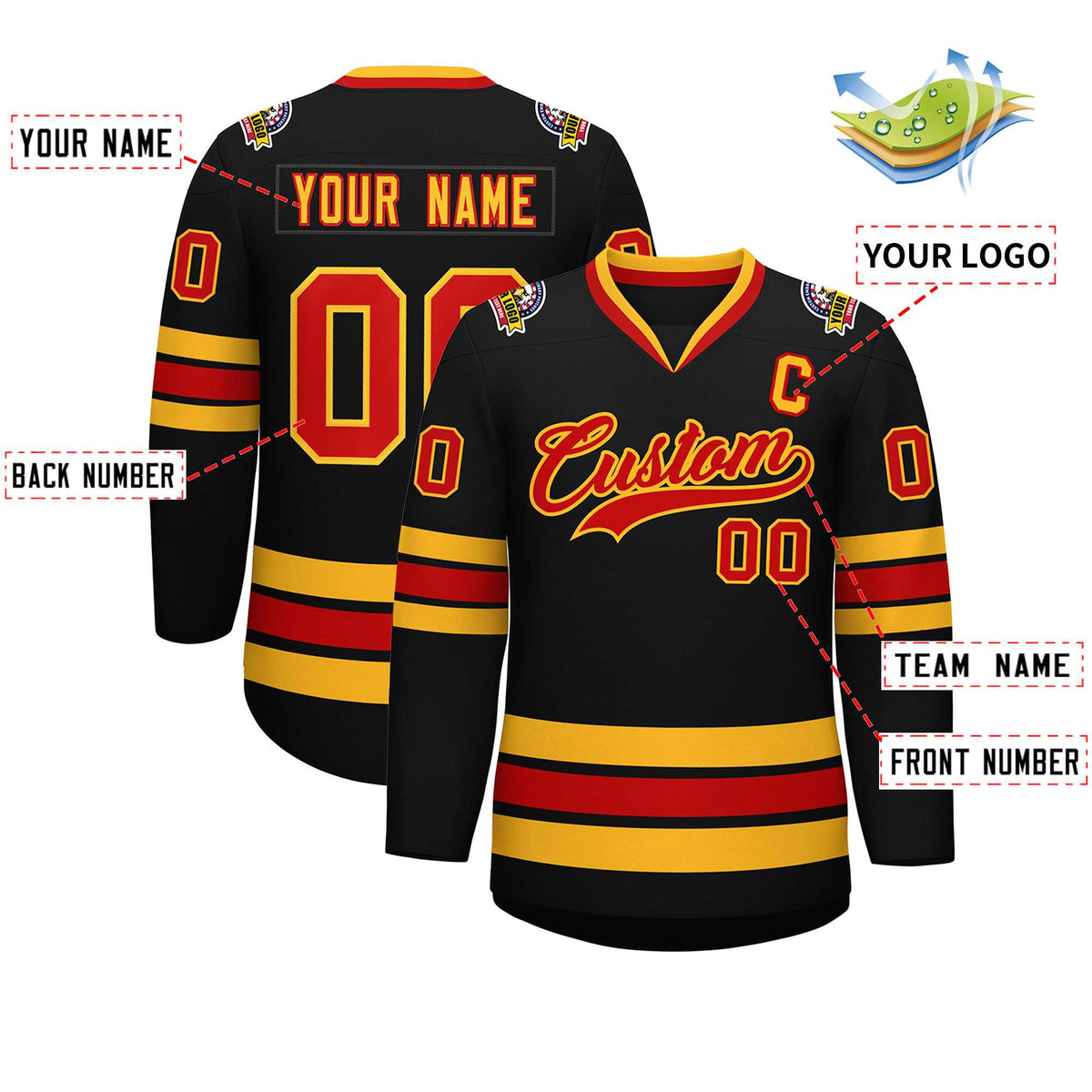 Custom Black Red-Gold Classic Style Hockey Jersey | KXKSHOP