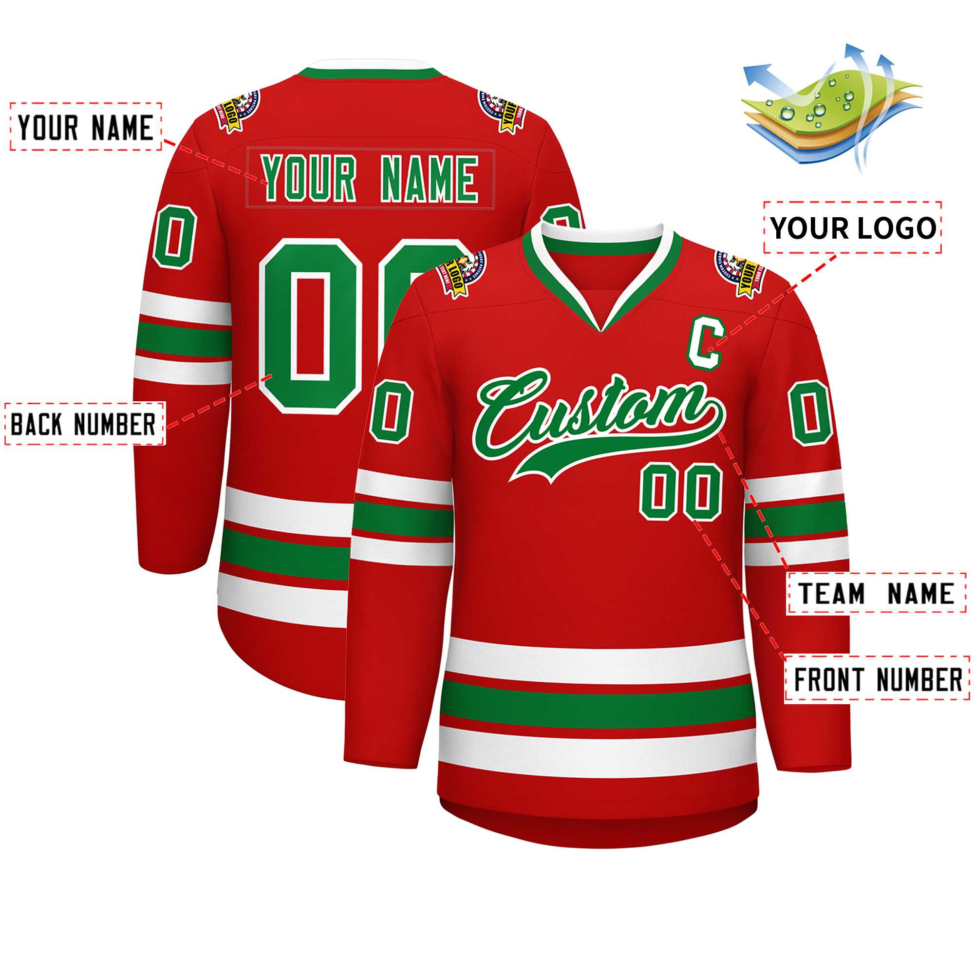 Custom Red Kelly Green-White Classic Style Hockey Jersey | KXKSHOP