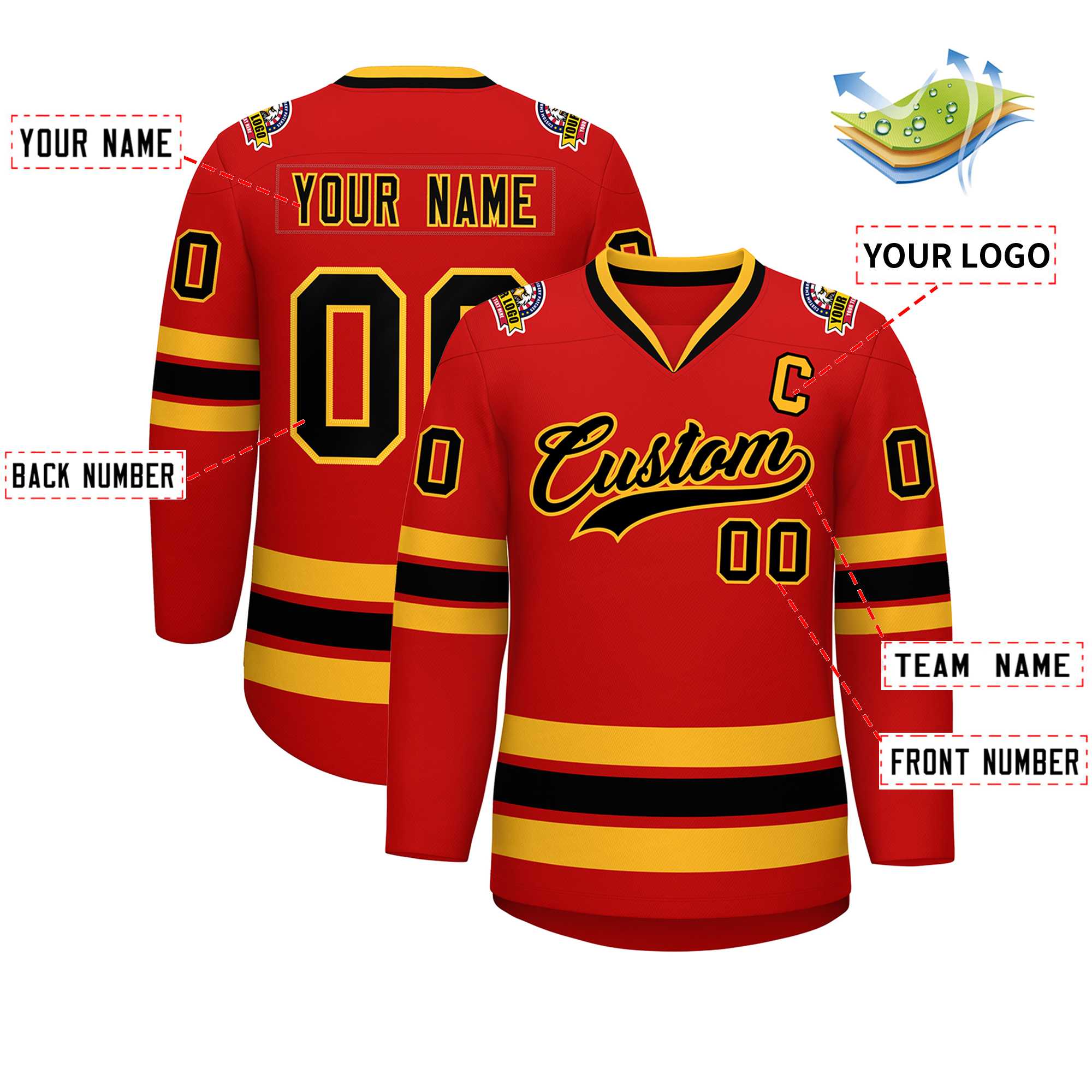 Custom Red Black-Gold Classic Style Hockey Jersey | KXKSHOP