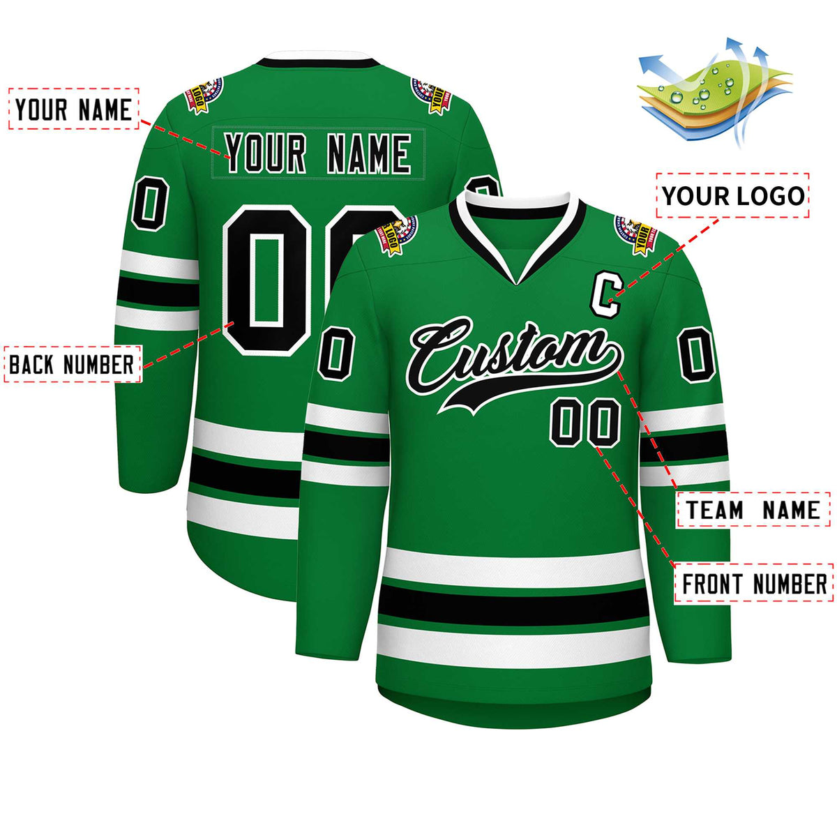 Custom Kelly Green Black-White Classic Style Hockey Jersey | KXKSHOP
