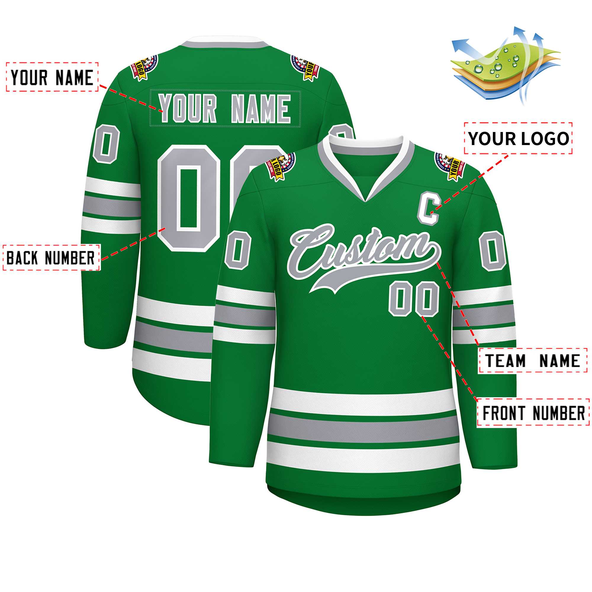 Custom Kelly Green Gray-White Classic Style Hockey Jersey | KXKSHOP