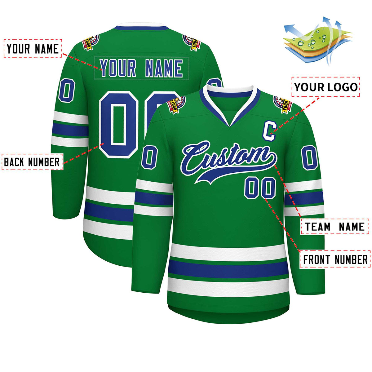 Custom Kelly Green Royal-White Classic Style Hockey Jersey | KXKSHOP