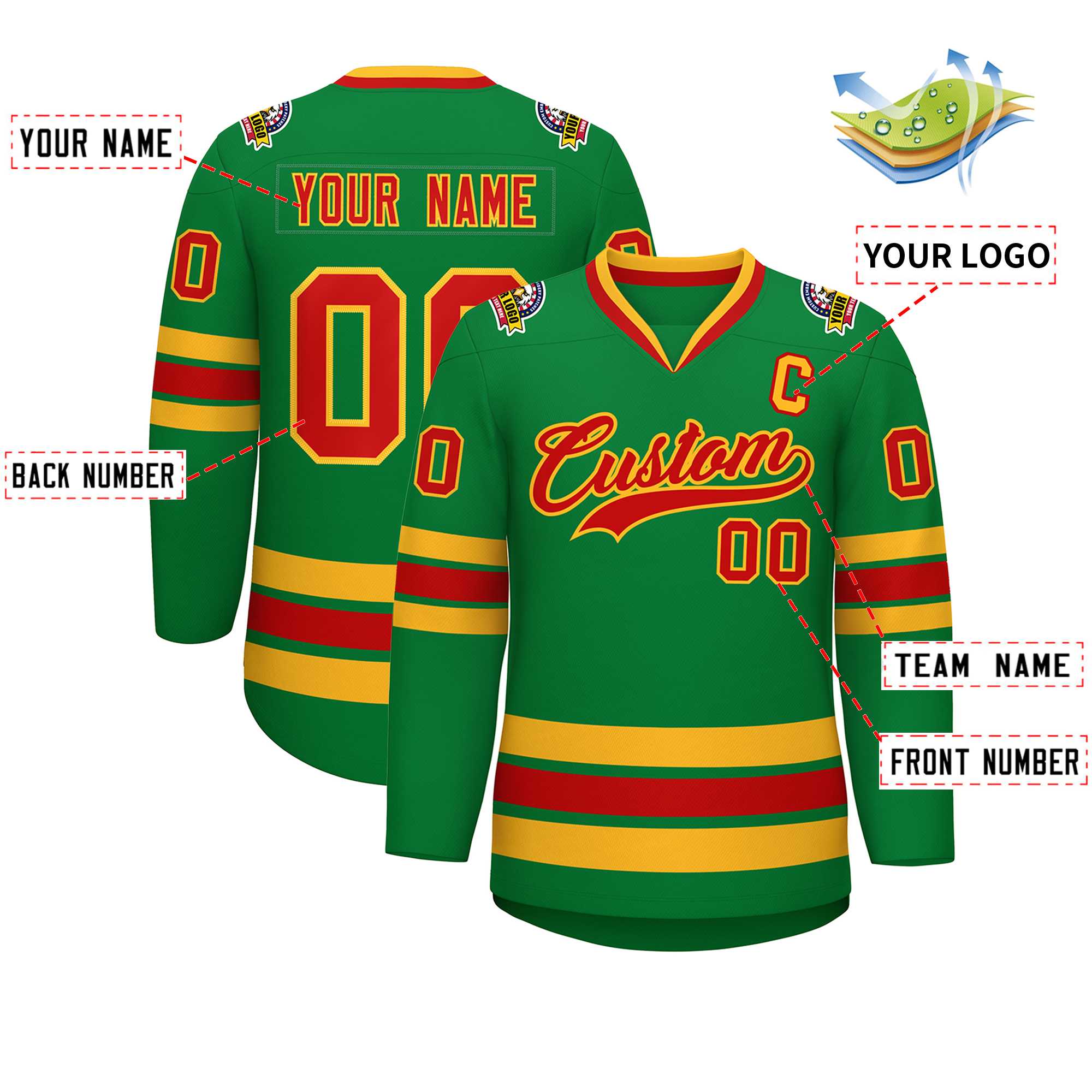 Custom Kelly Green Red-Gold Classic Style Hockey Jersey | KXKSHOP