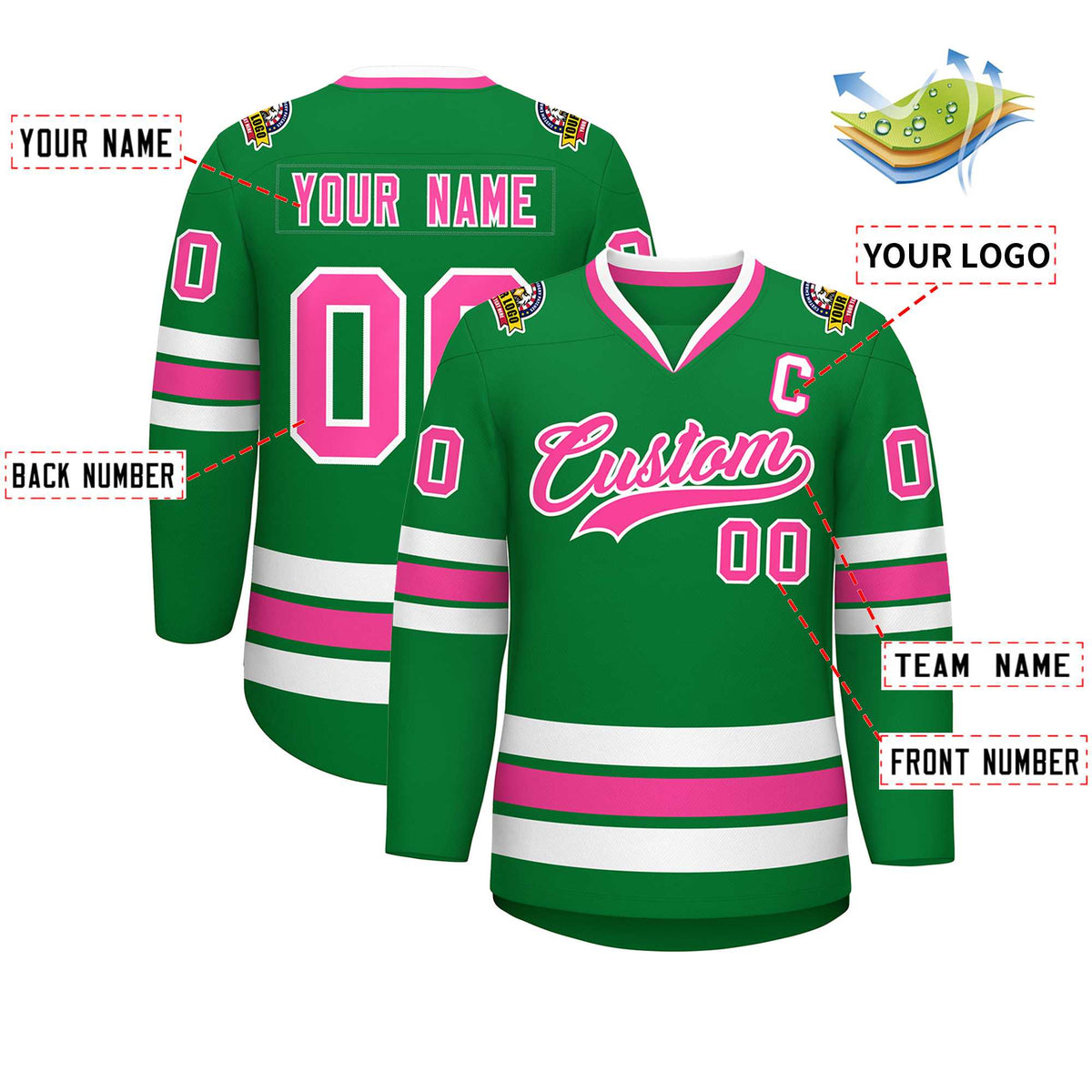 Custom Kelly Green Pink-White Classic Style Hockey Jersey | KXKSHOP