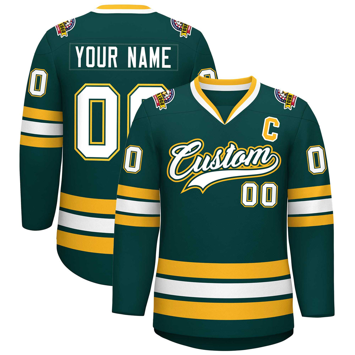Custom Midnight Green White Olive-Gold Classic Style Hockey Jersey | KXKSHOP
