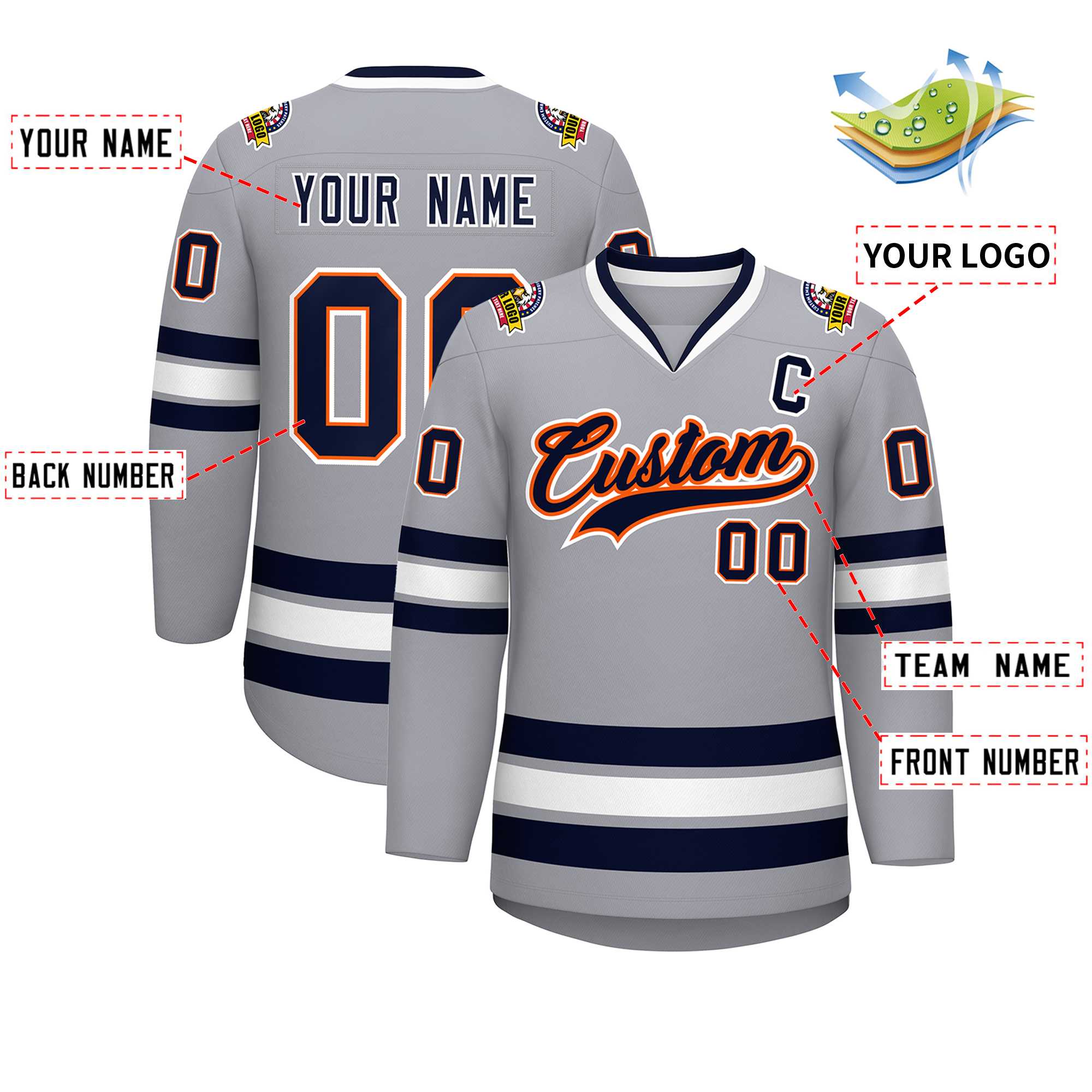 Custom Gray Navy Orange-White Classic Style Hockey Jersey | KXKSHOP