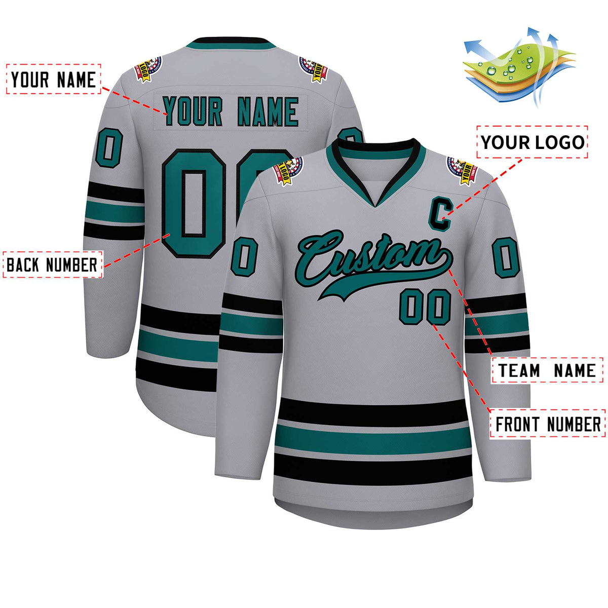 Custom Gray Aqua-Black Classic Style Hockey Jersey | KXKSHOP
