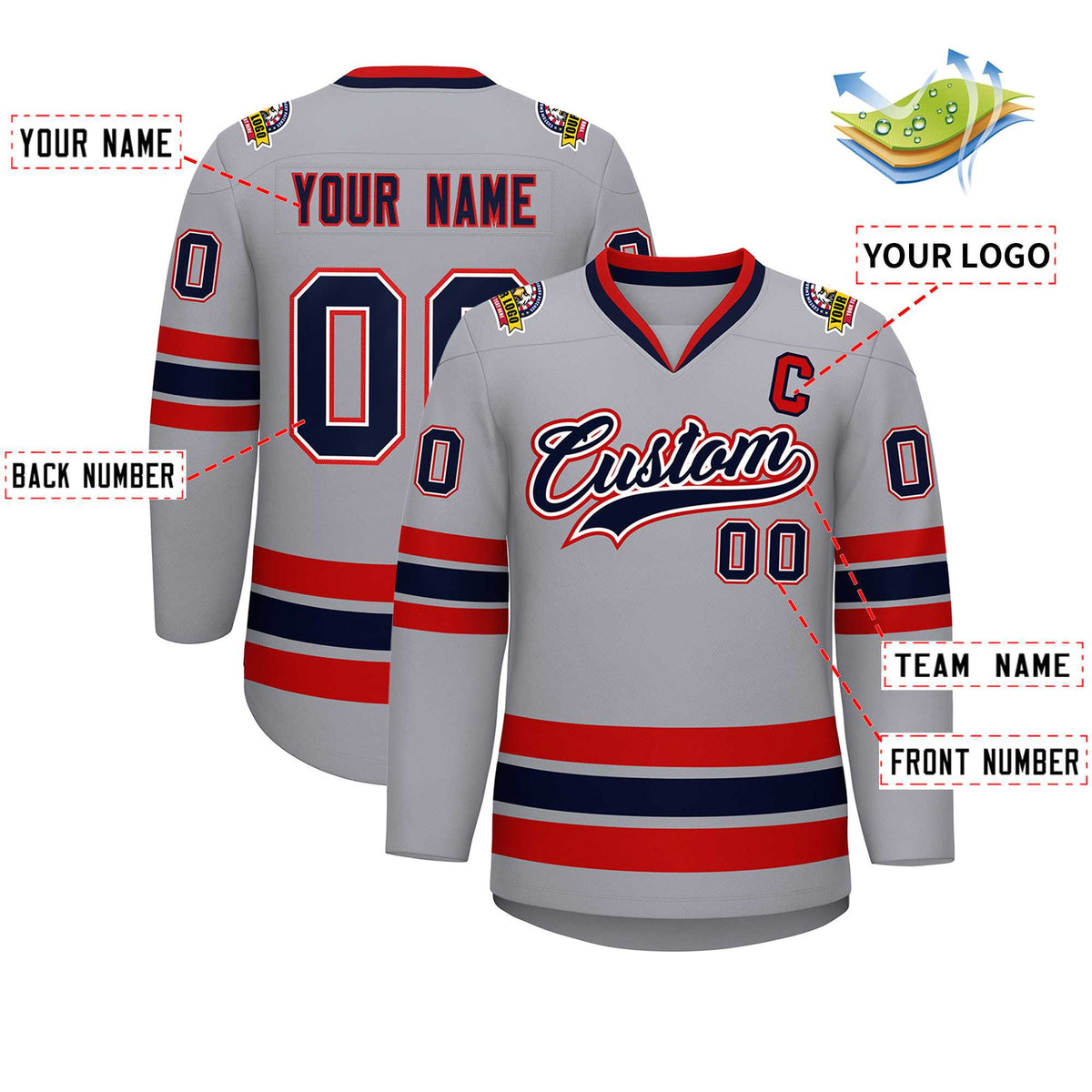 Custom Gray Navy White-Red Classic Style Hockey Jersey | KXKSHOP