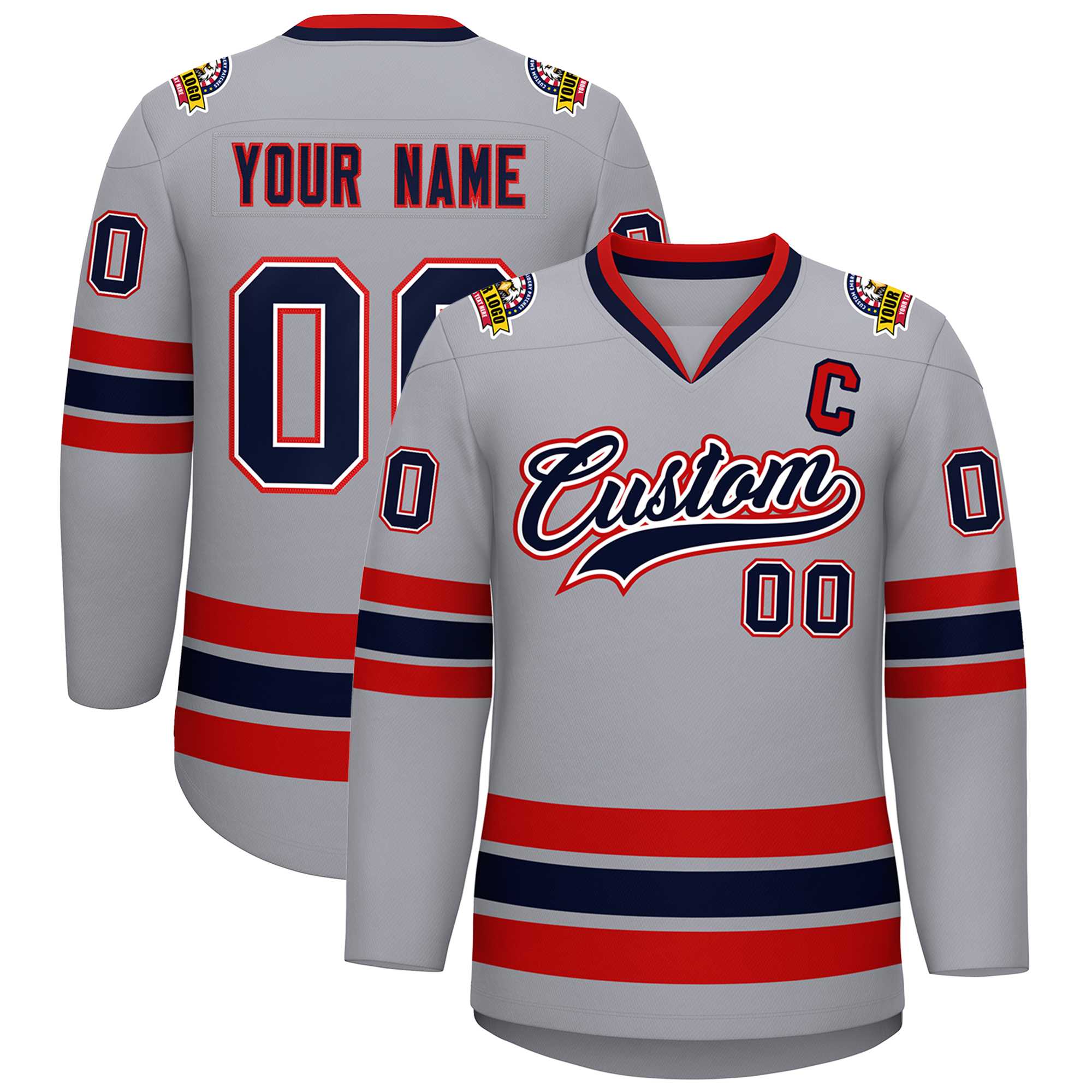 Custom Gray Navy White-Red Classic Style Hockey Jersey | KXKSHOP