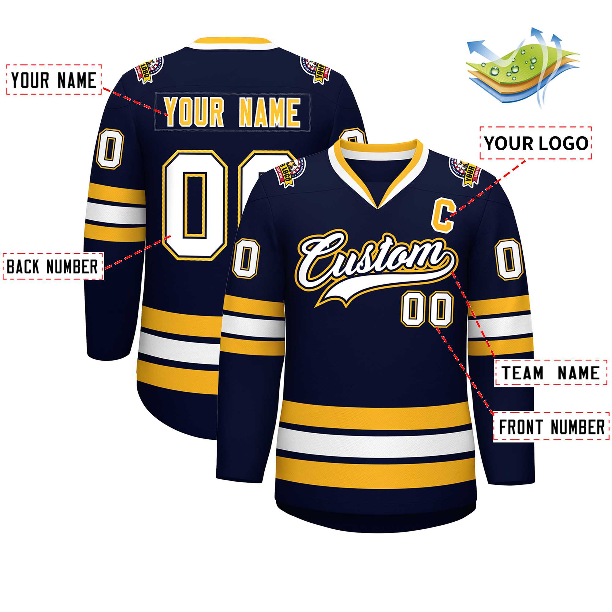 Custom Navy White Navy-Gold Classic Style Hockey Jersey | KXKSHOP
