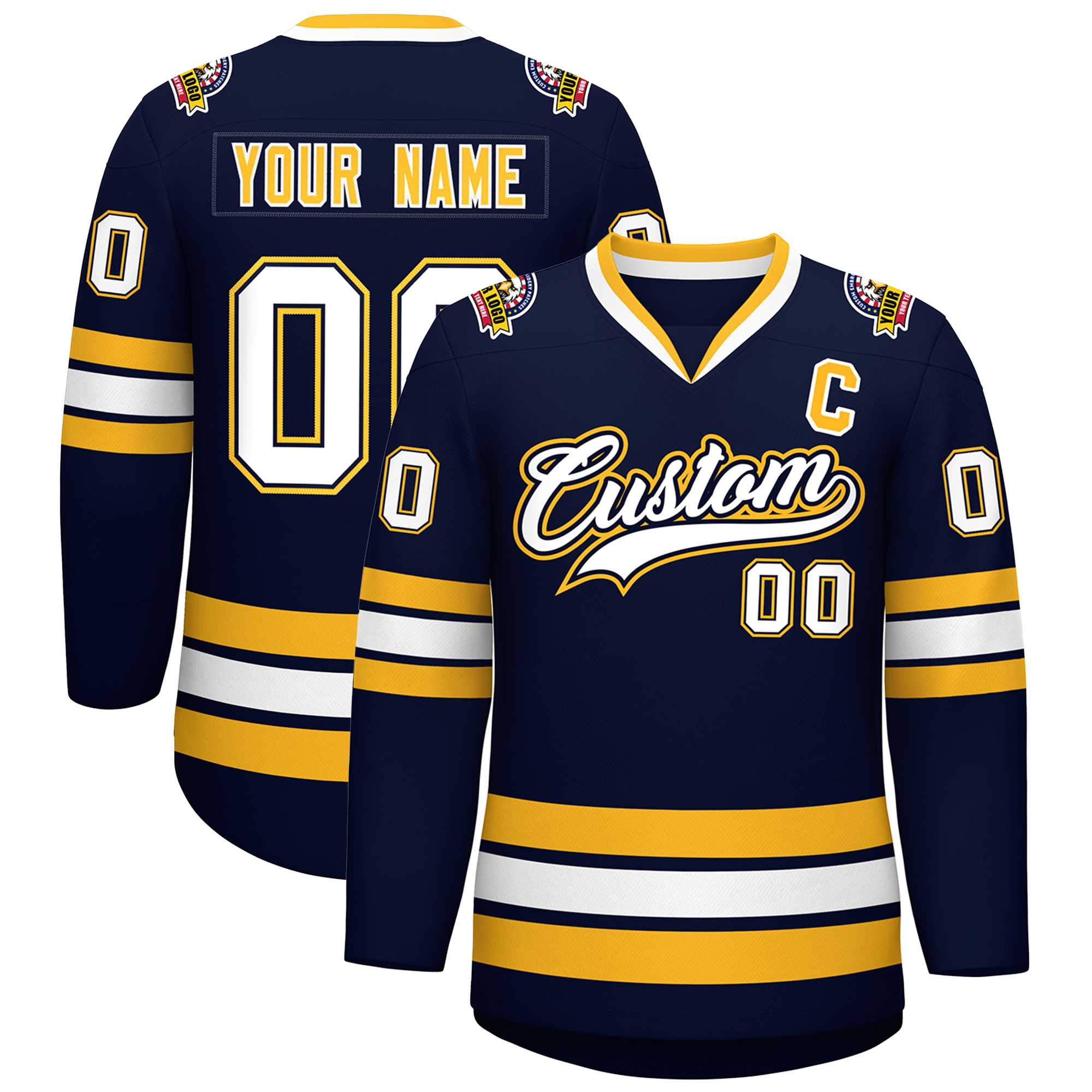 Custom Navy White Navy-Gold Classic Style Hockey Jersey | KXKSHOP