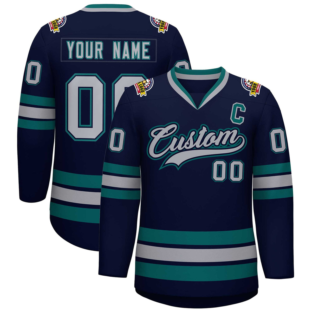 Custom Navy Gray Navy-Aqua Classic Style Hockey Jersey | KXKSHOP