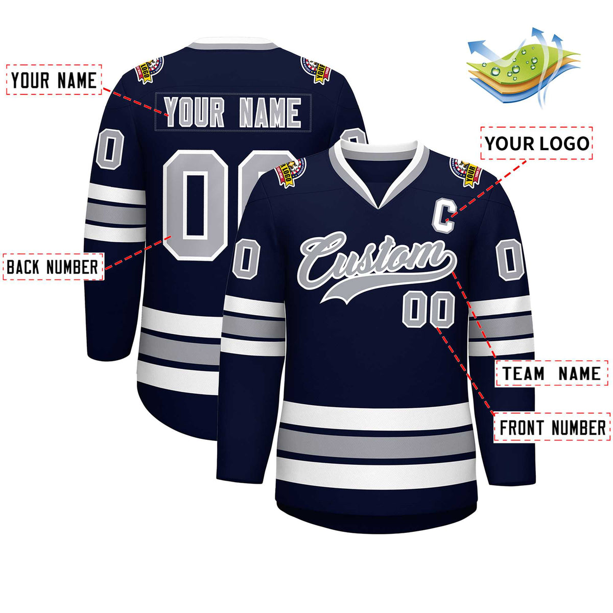Custom Navy Gray-White Classic Style Hockey Jersey | KXKSHOP