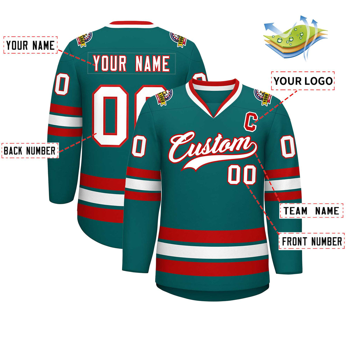 Custom Aqua White-Red Classic Style Hockey Jersey | KXKSHOP