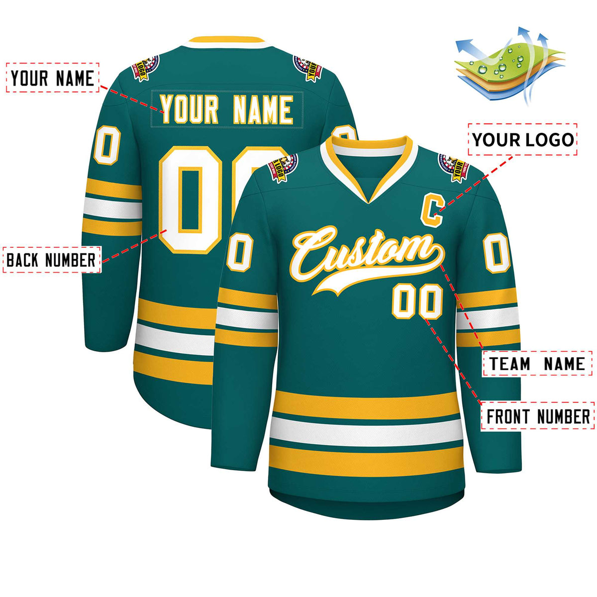 Custom Aqua White-Gold Classic Style Hockey Jersey | KXKSHOP