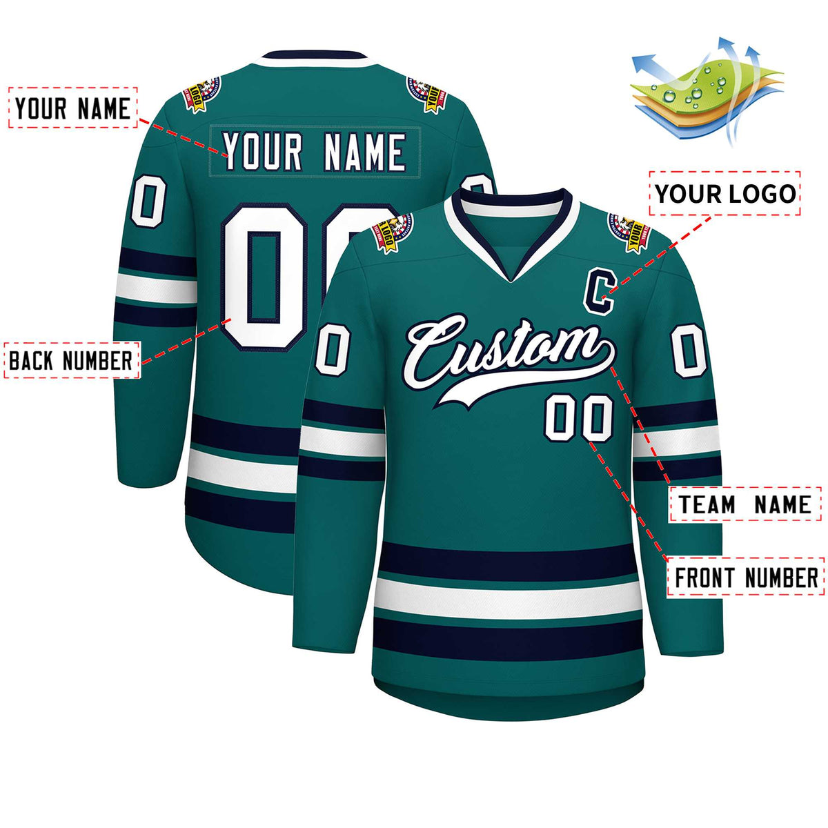 Custom Aqua White-Navy Classic Style Hockey Jersey | KXKSHOP