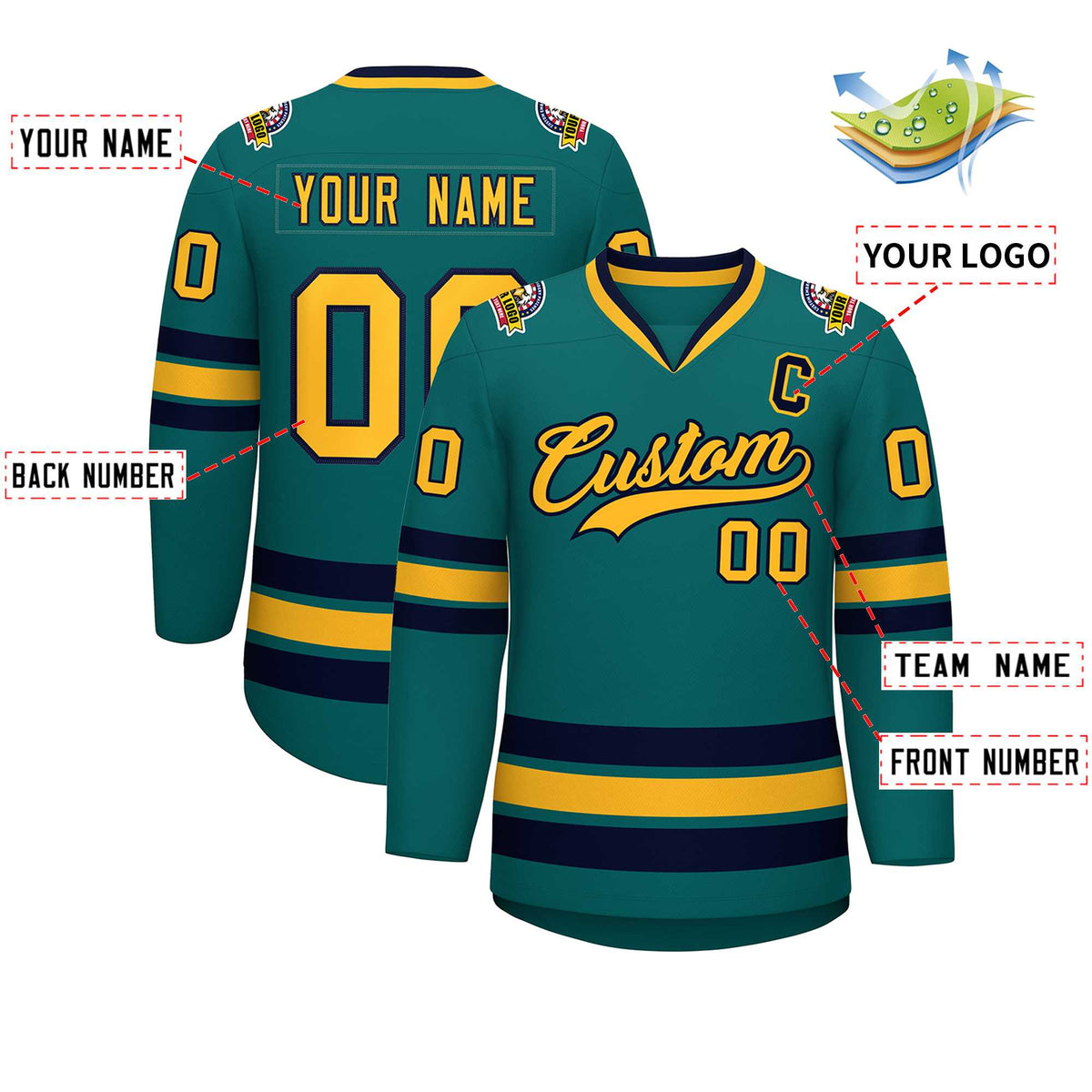 Custom Aqua Gold-Navy Classic Style Hockey Jersey | KXKSHOP
