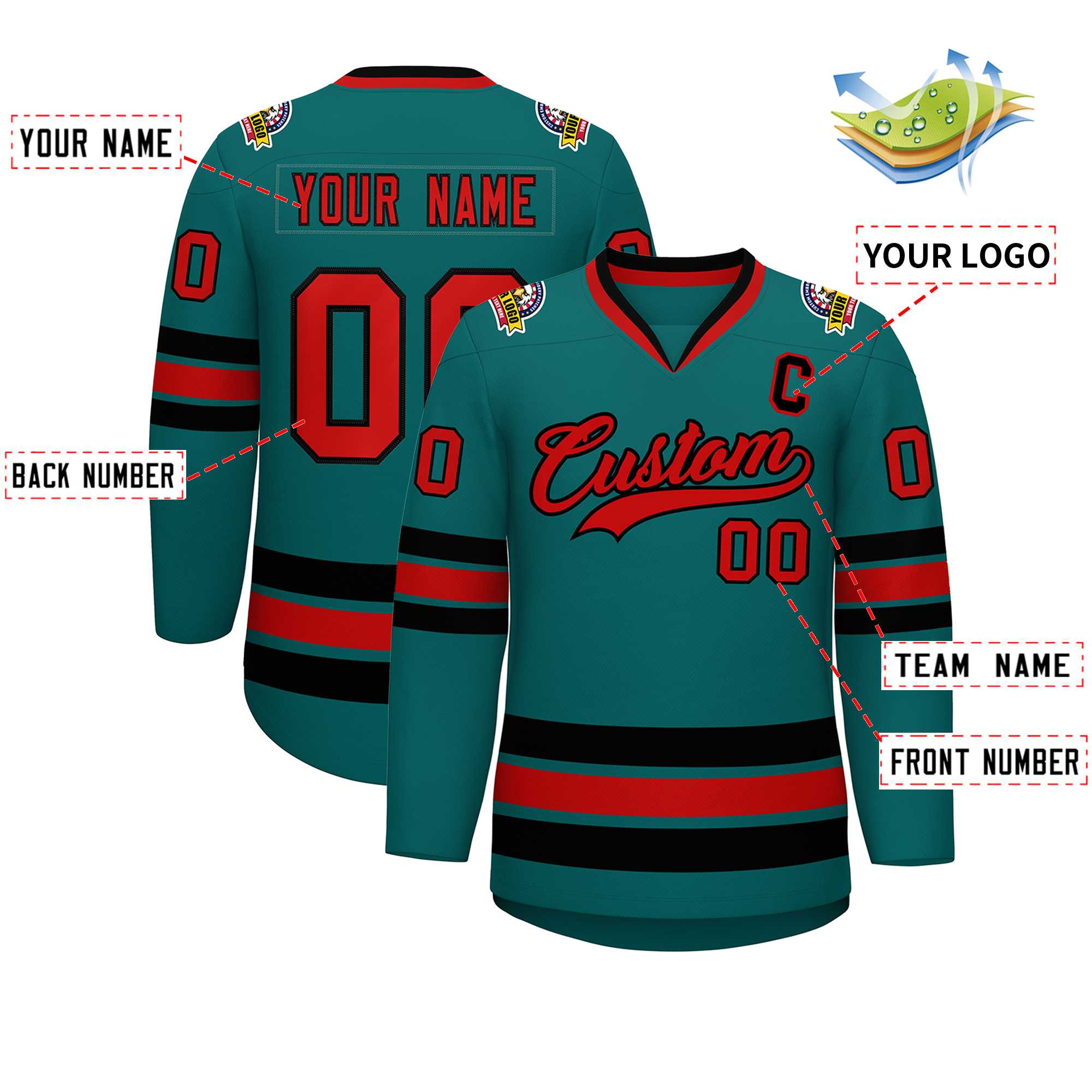 Custom Aqua Red-Black Classic Style Hockey Jersey | KXKSHOP