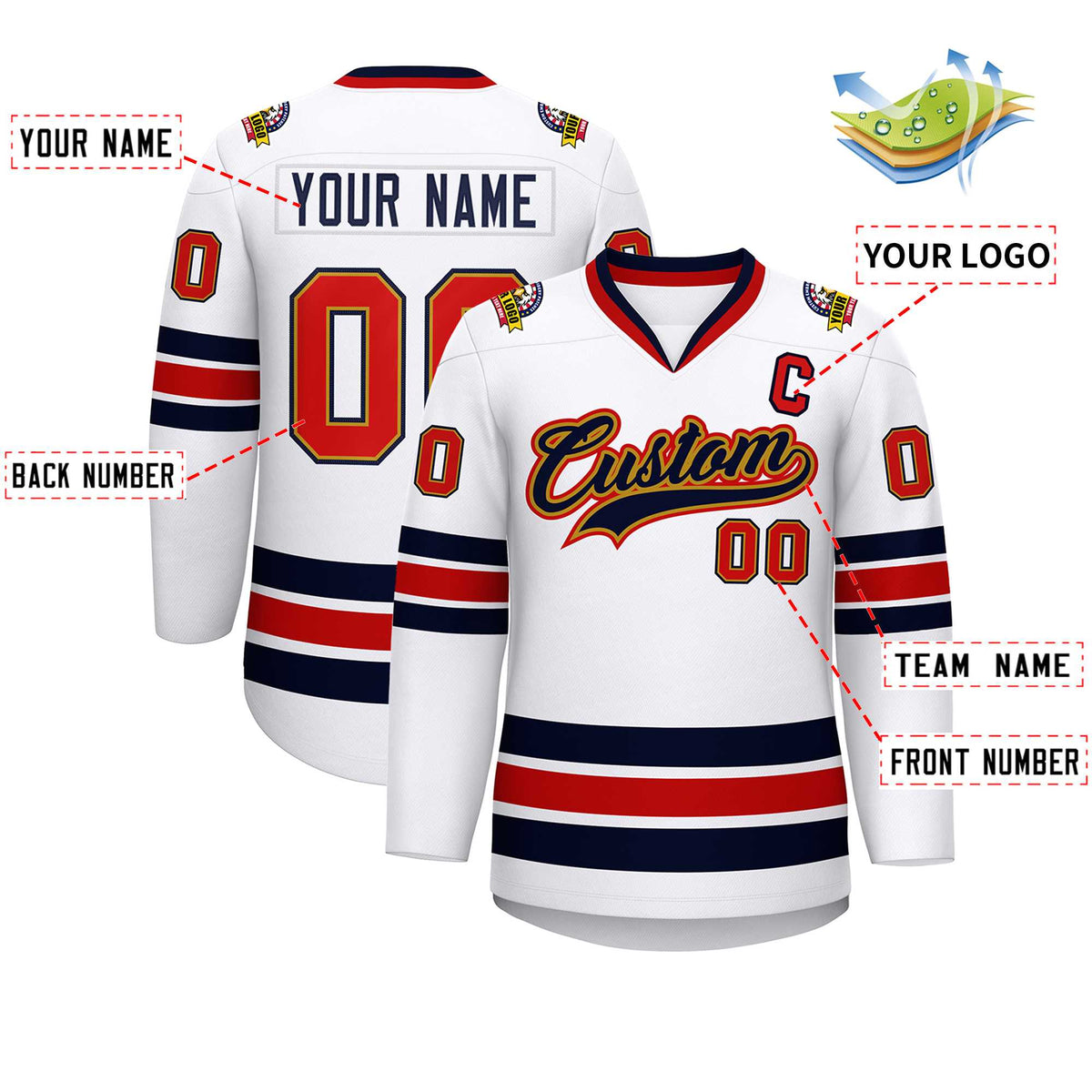Custom White Navy Old Gold-Red Classic Style Hockey Jersey | KXKSHOP