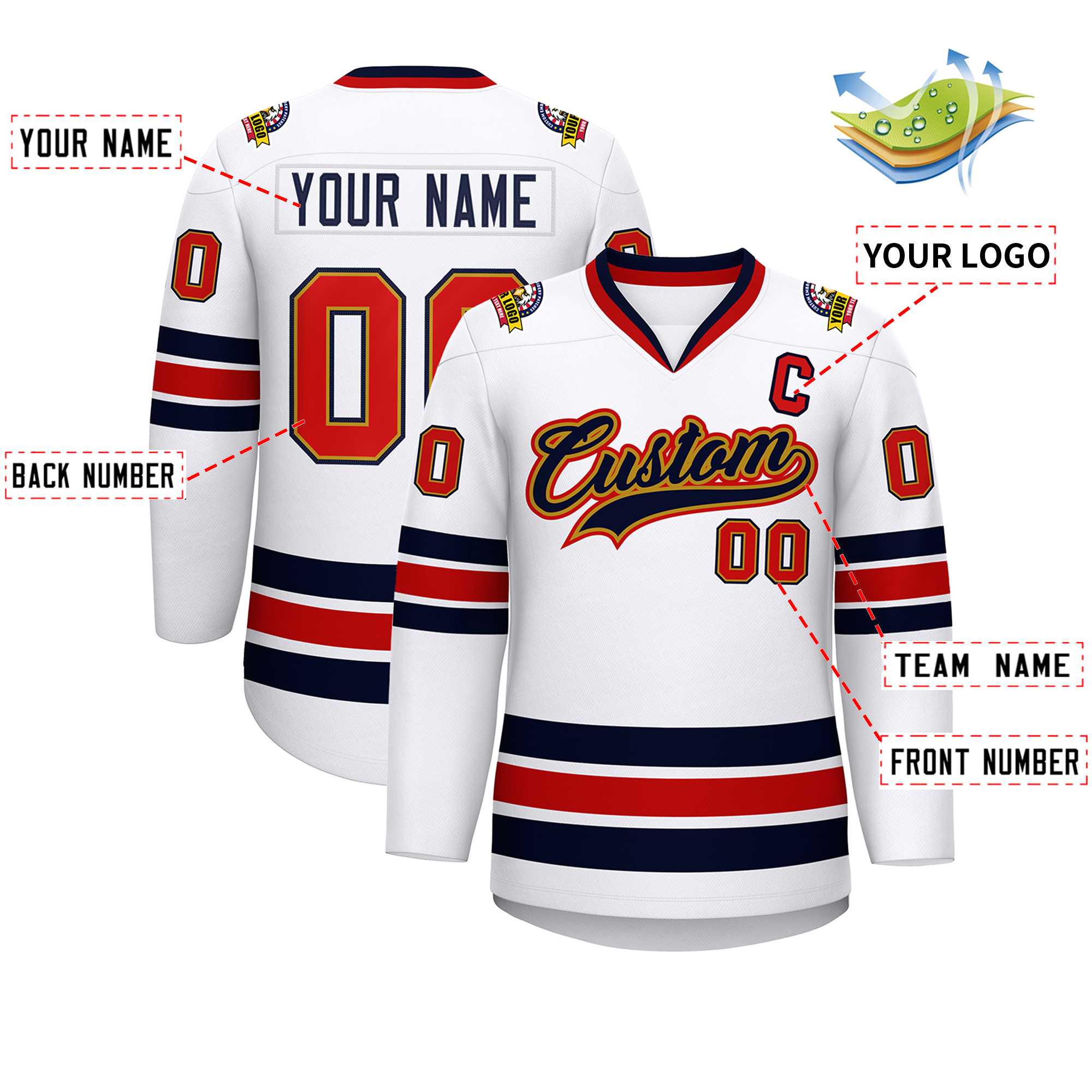 Custom White Navy Old Gold-Red Classic Style Hockey Jersey | KXKSHOP