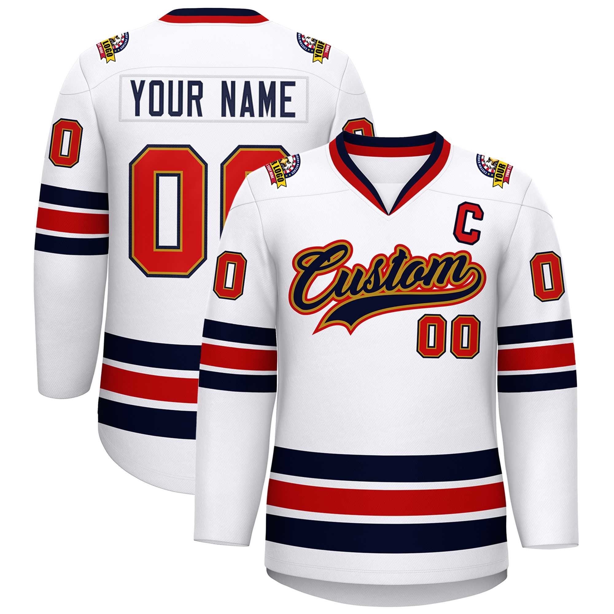 Custom White Navy Old Gold-Red Classic Style Hockey Jersey | KXKSHOP