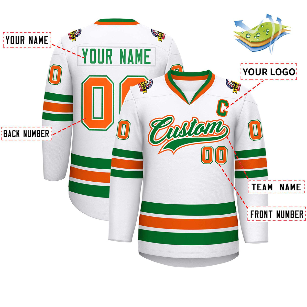 Custom White Kelly Green White-Orange Classic Style Hockey Jersey | KXKSHOP