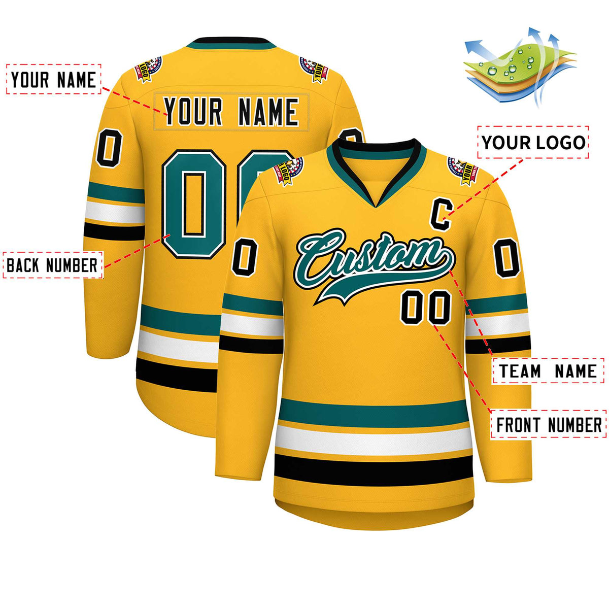 Custom Gold Aqua White-Black Classic Style Hockey Jersey | KXKSHOP