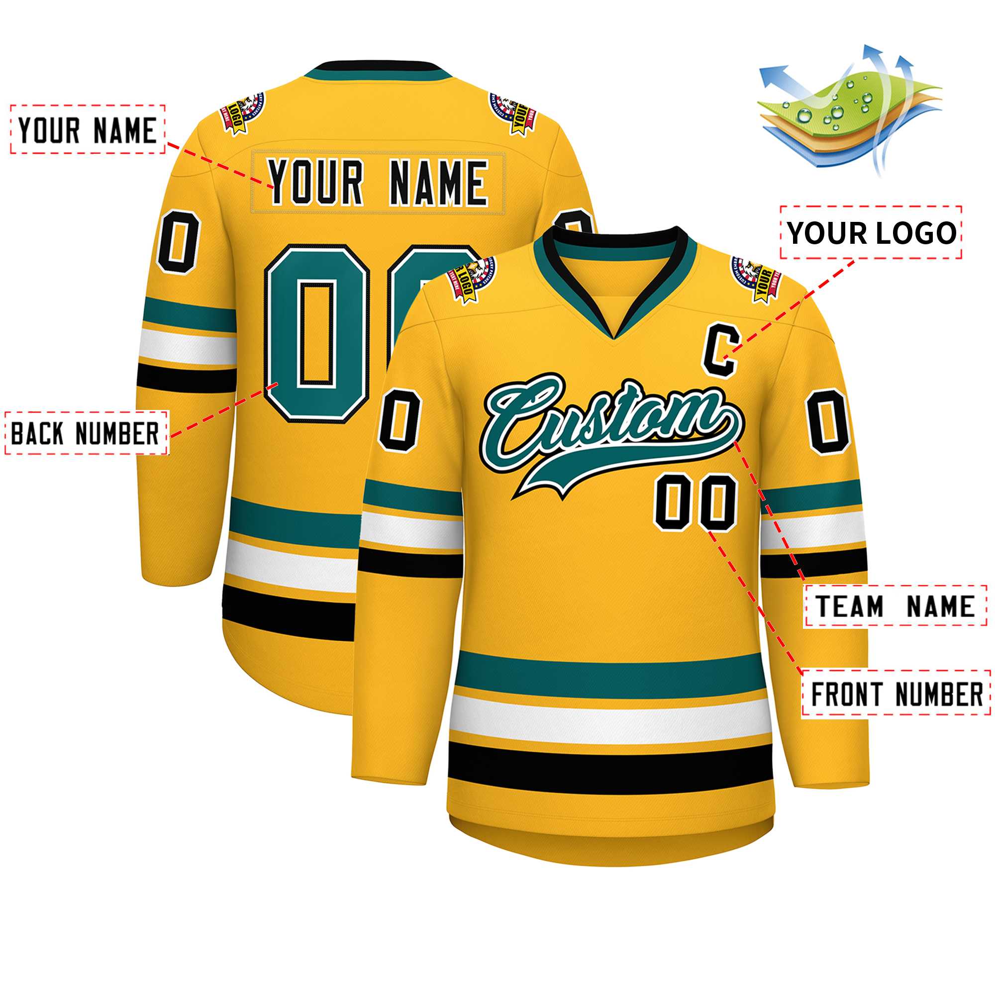 Custom Gold Aqua White-Black Classic Style Hockey Jersey | KXKSHOP