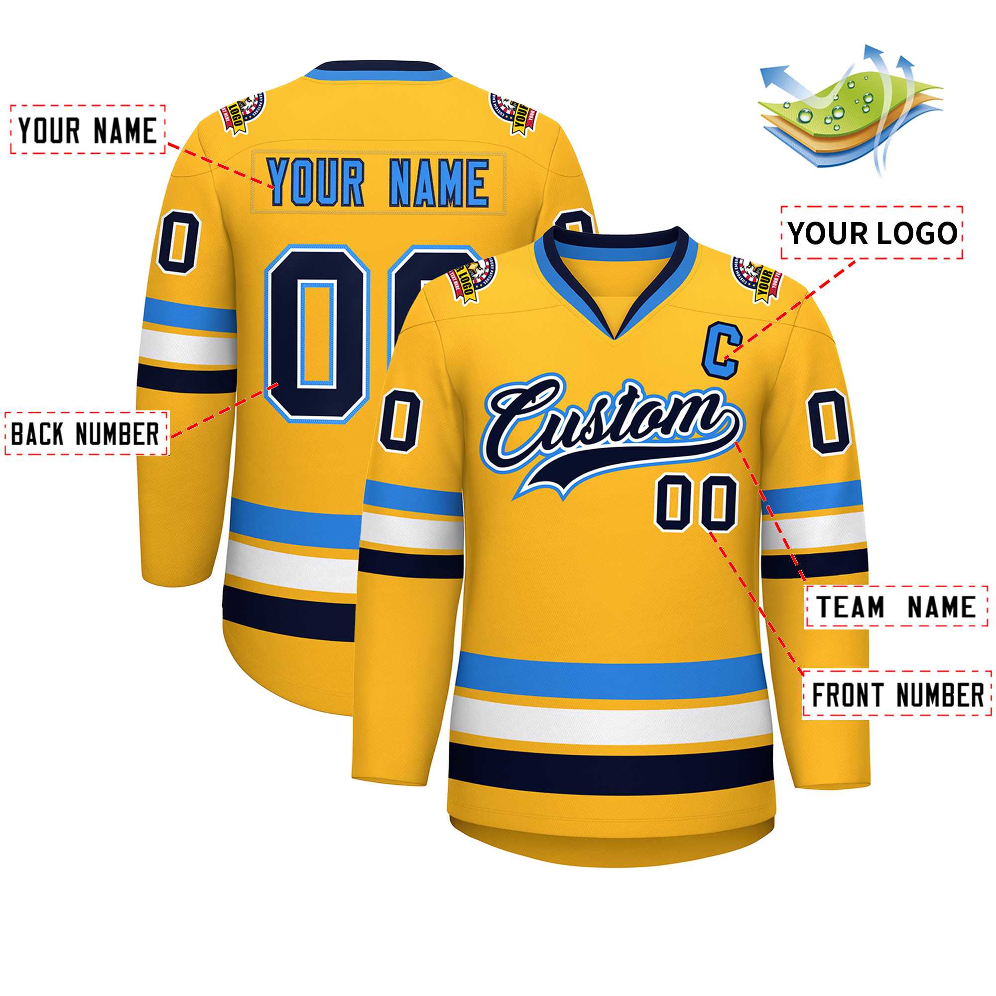 Custom Gold Navy White-Powder Blue Classic Style Hockey Jersey | KXKSHOP