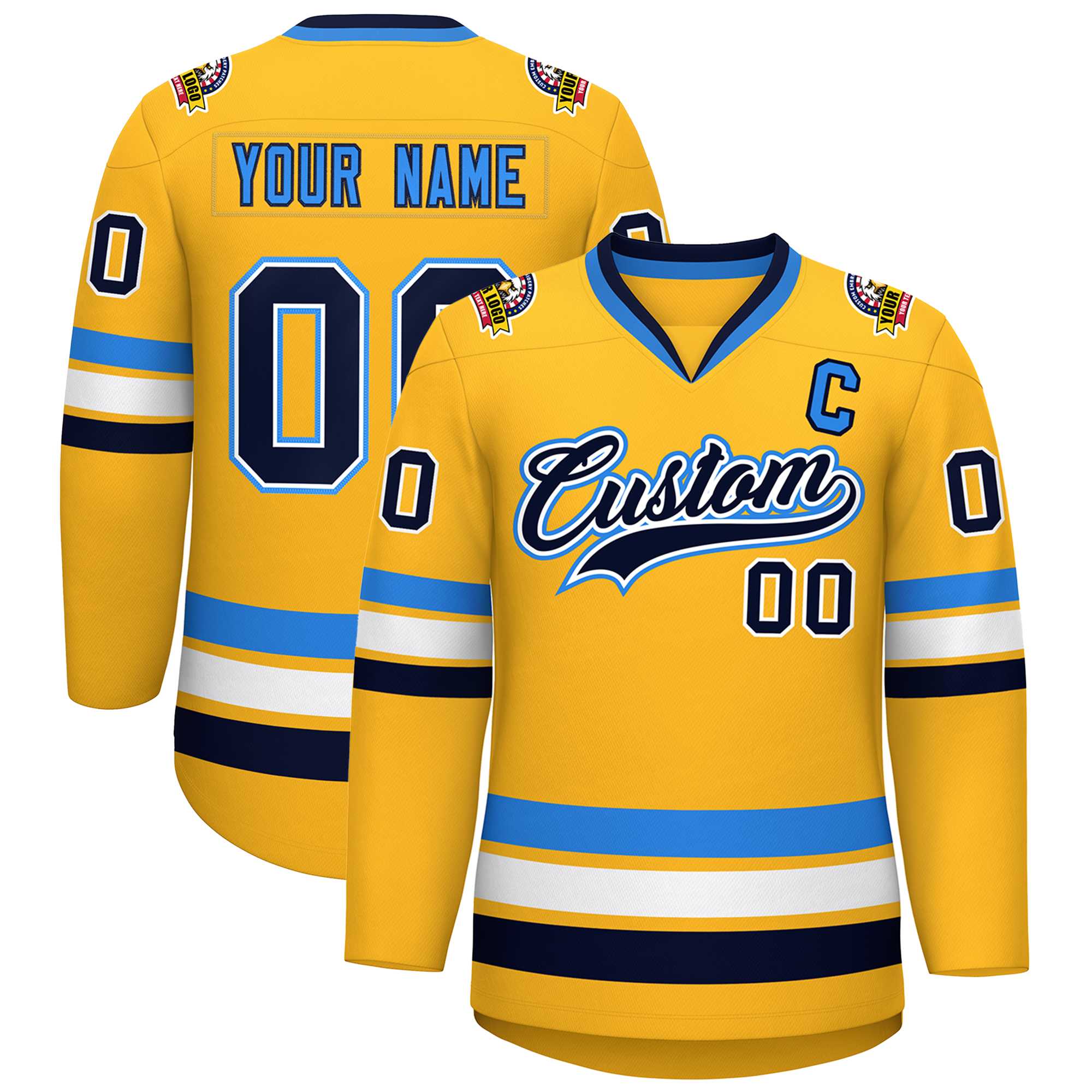 Custom Gold Navy White-Powder Blue Classic Style Hockey Jersey | KXKSHOP