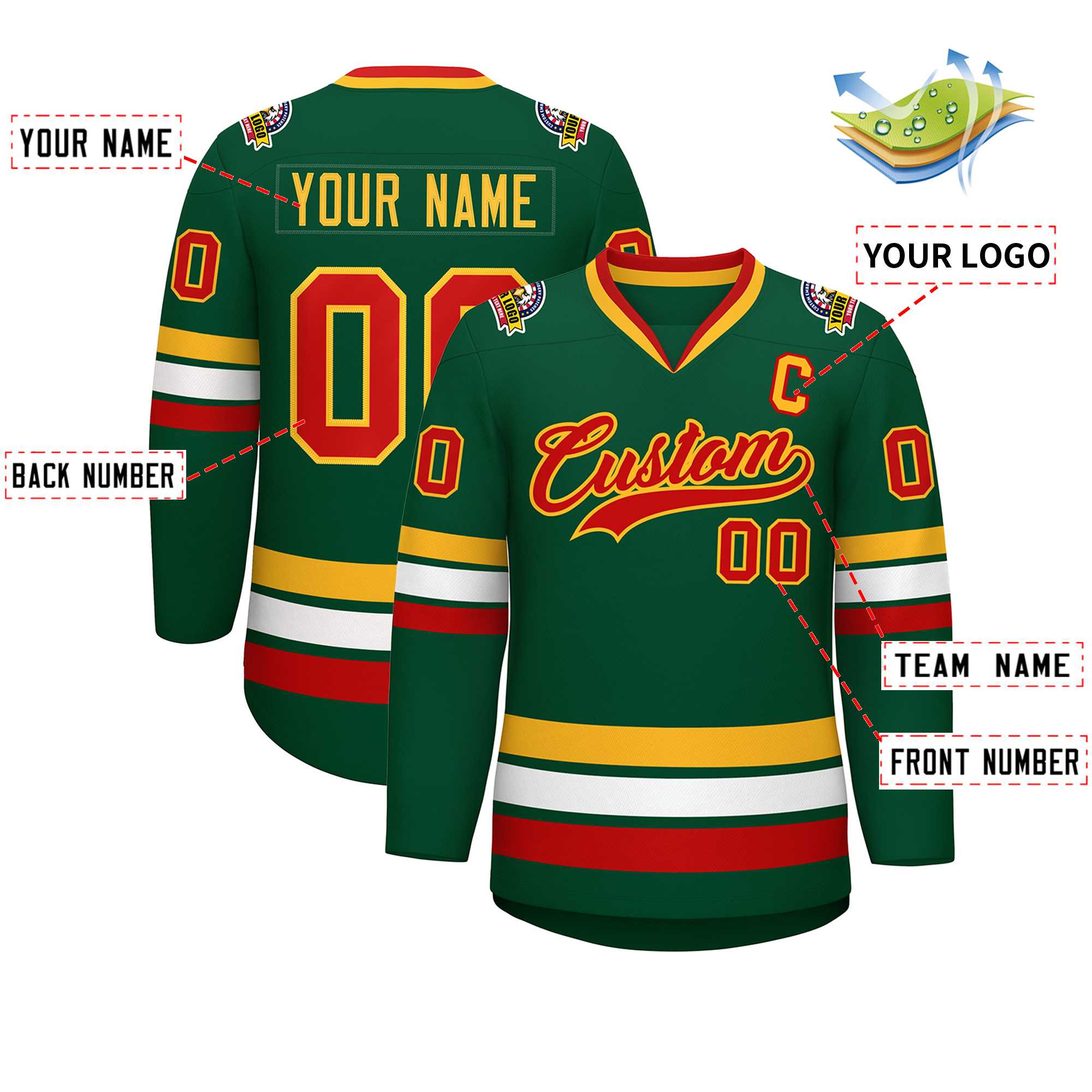 Custom Green Red-Gold Classic Style Hockey Jersey | KXKSHOP