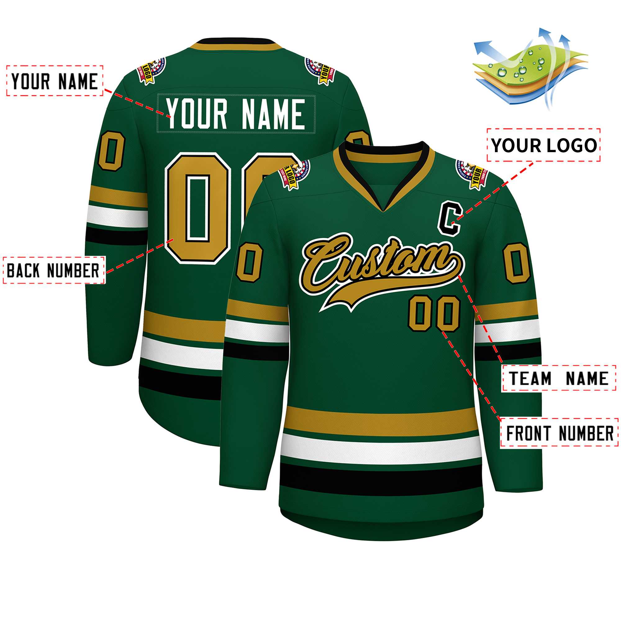 Custom Green Old Gold Black-White Classic Style Hockey Jersey | KXKSHOP