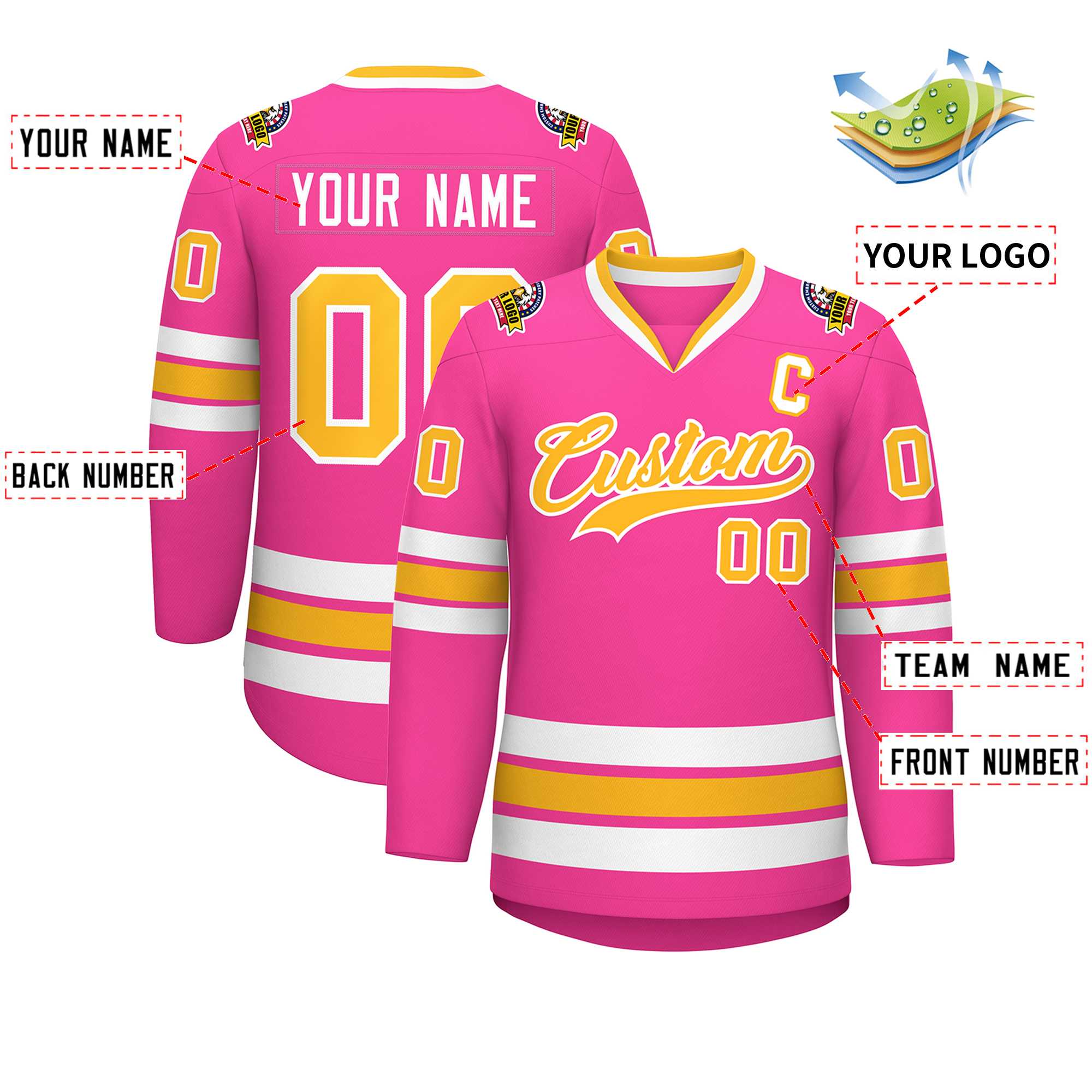 Custom Pink Gold-White Classic Style Hockey Jersey | KXKSHOP