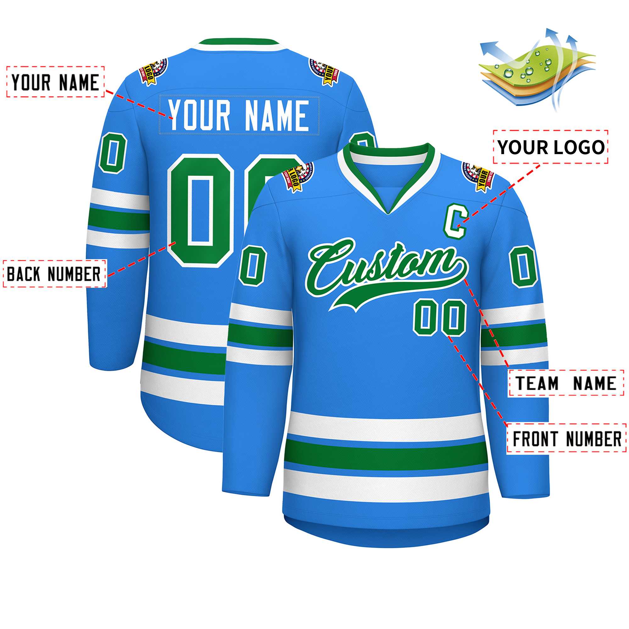 Custom Powder Blue Kelly Green-White Classic Style Hockey Jersey | KXKSHOP