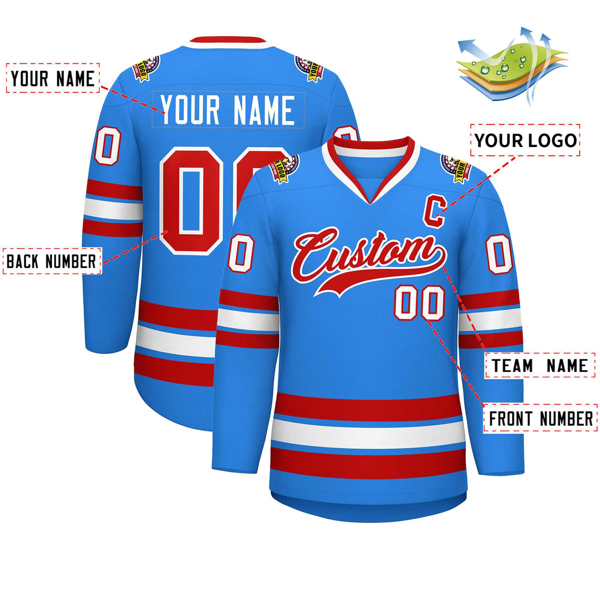 Custom Powder Blue Red-White Classic Style Hockey Jersey | KXKSHOP