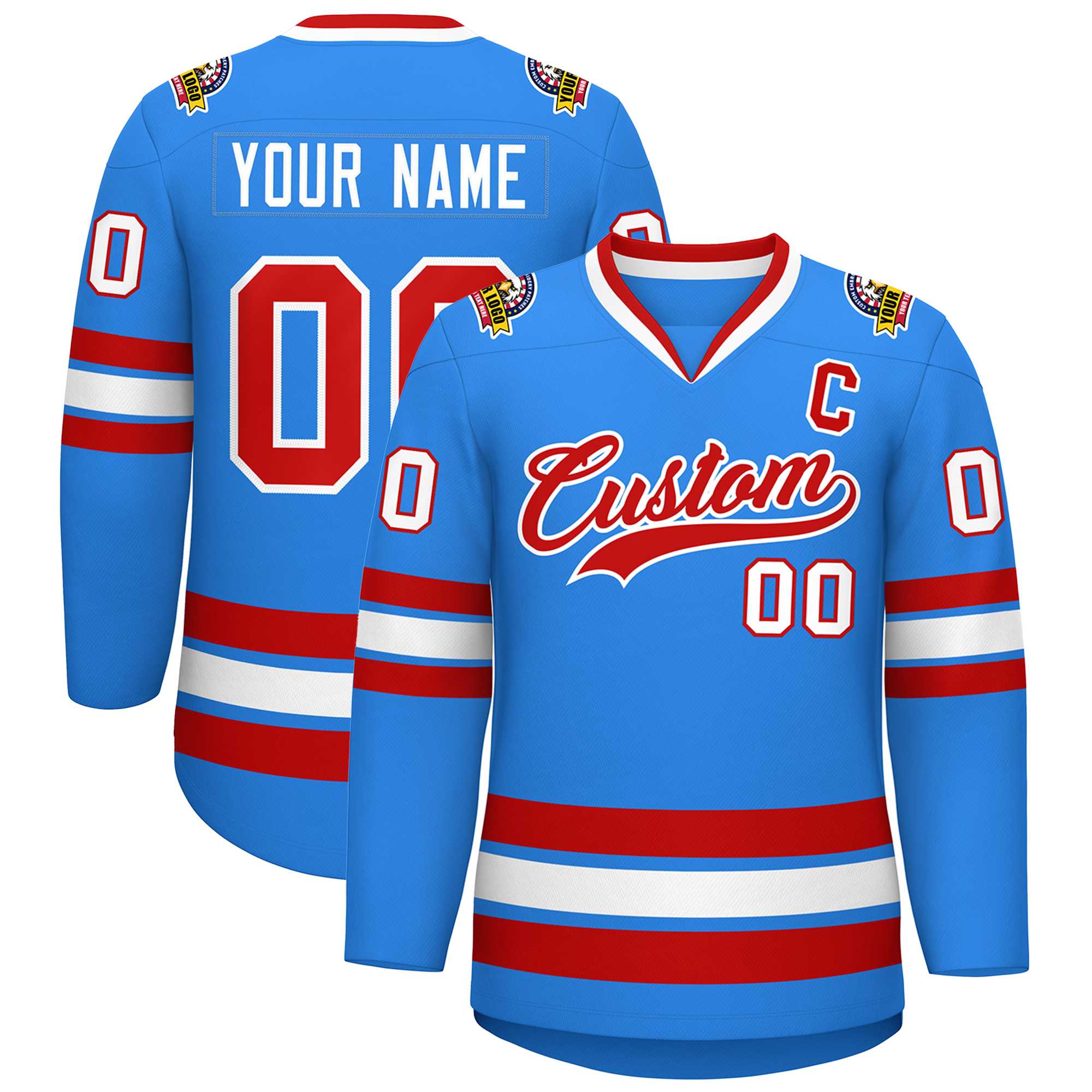 Custom Powder Blue Red-White Classic Style Hockey Jersey | KXKSHOP