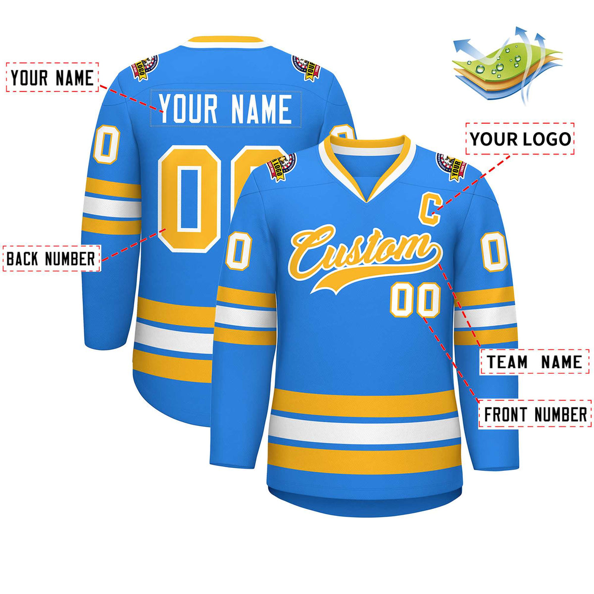 Custom Powder Blue Gold-White Classic Style Hockey Jersey | KXKSHOP