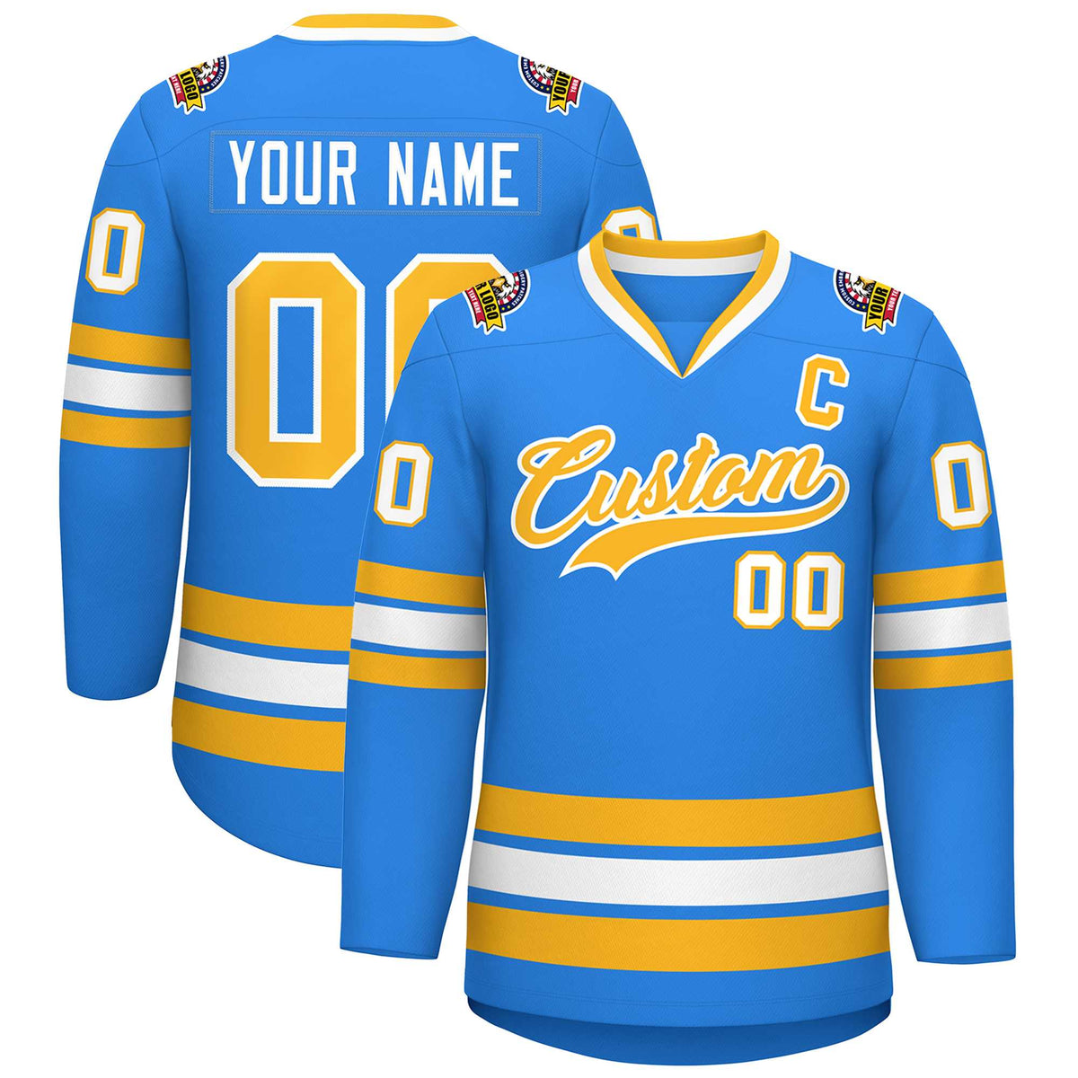 Custom Powder Blue Gold-White Classic Style Hockey Jersey | KXKSHOP