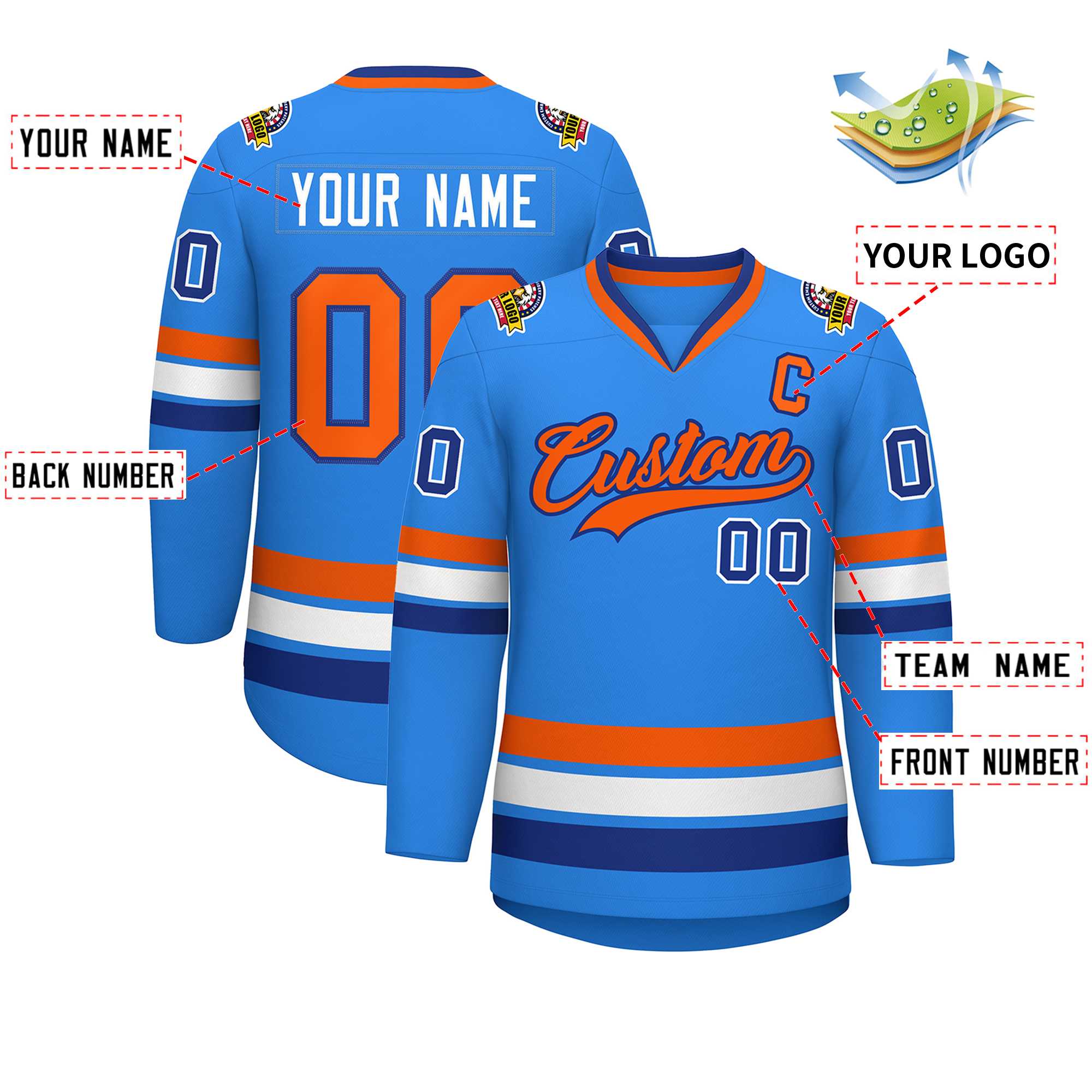 Custom Powder Blue Orange-Royal Classic Style Hockey Jersey | KXKSHOP