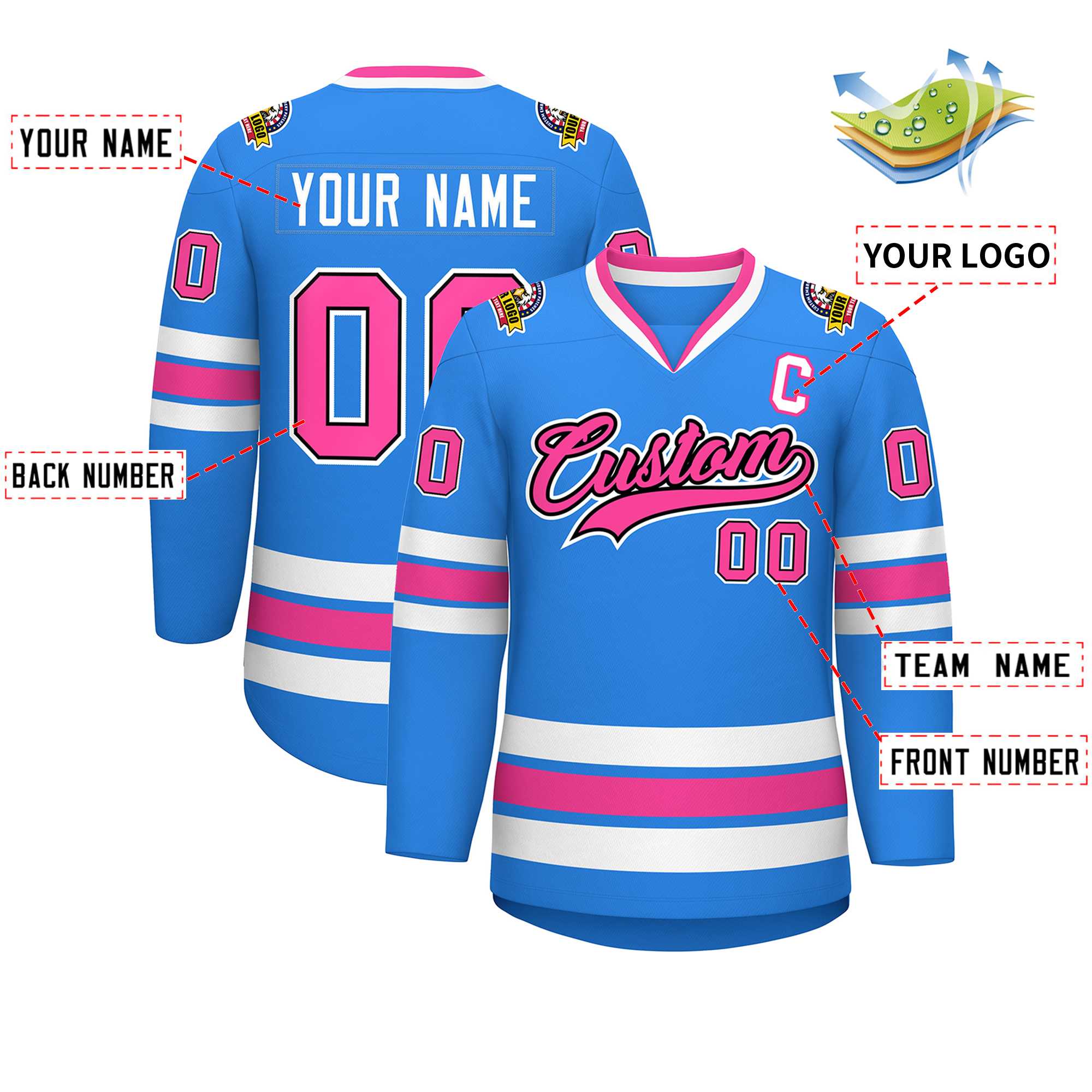 Custom Powder Blue Pink Black-White Classic Style Hockey Jersey | KXKSHOP