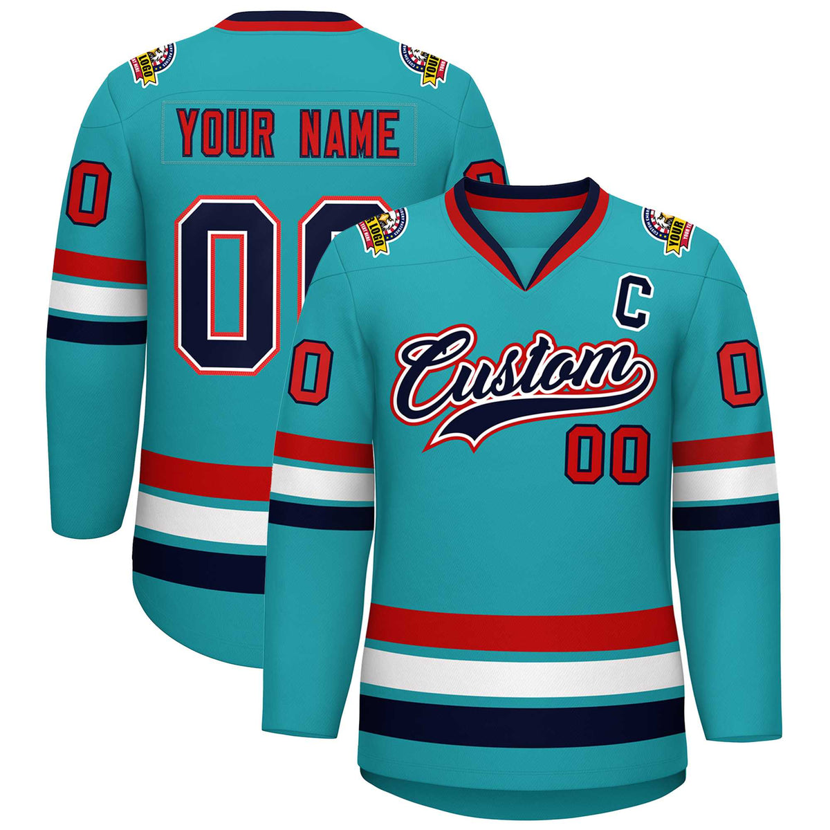 Custom Aqua Navy White-Red Classic Style Hockey Jersey | KXKSHOP