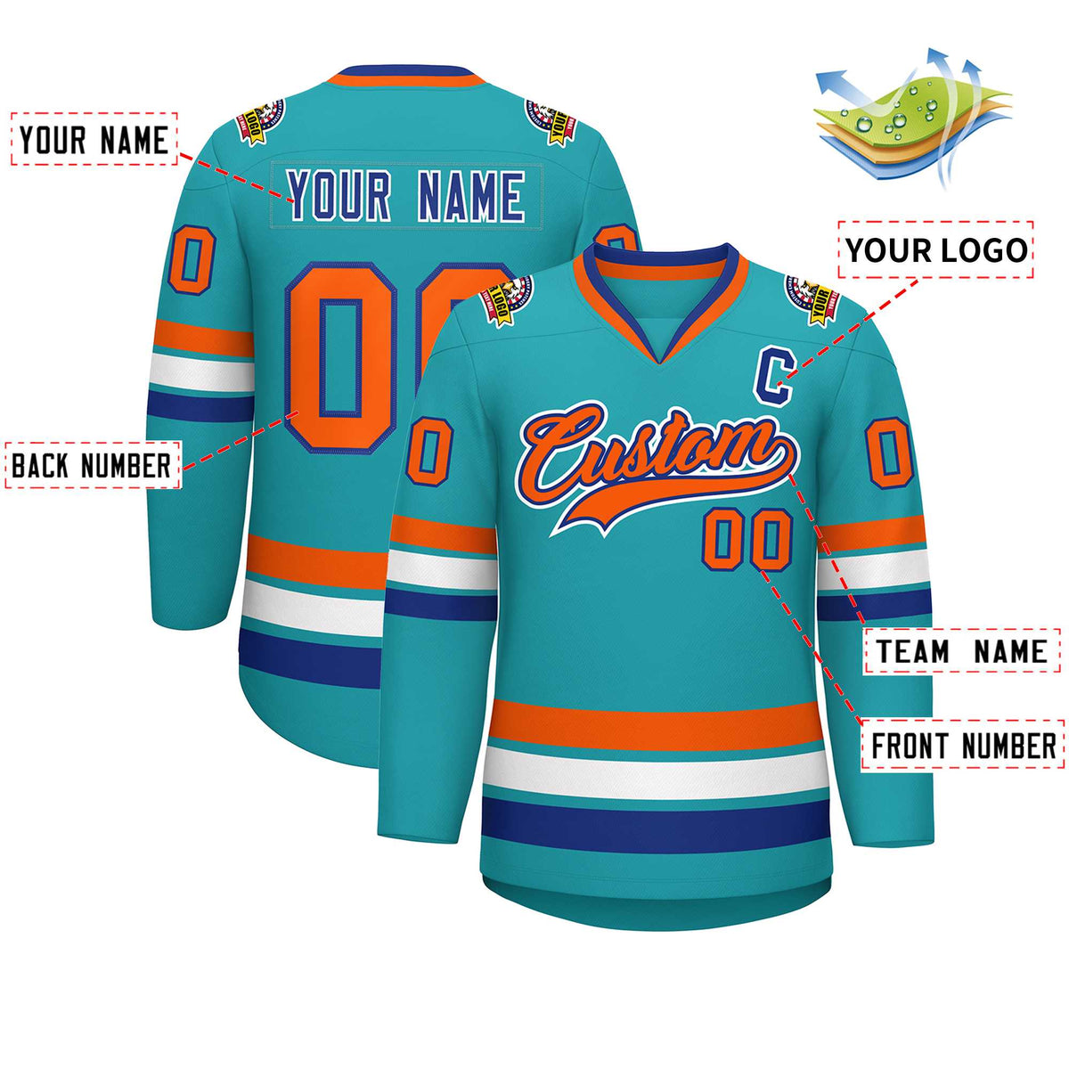 Custom Aqua Orange Royal-White Classic Style Hockey Jersey | KXKSHOP
