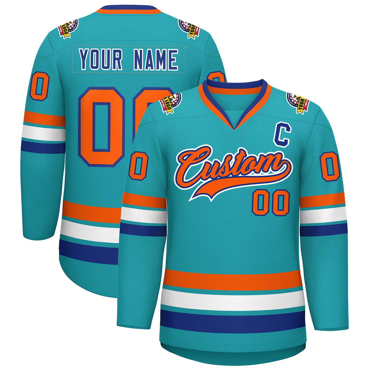 Custom Aqua Orange Royal-White Classic Style Hockey Jersey | KXKSHOP