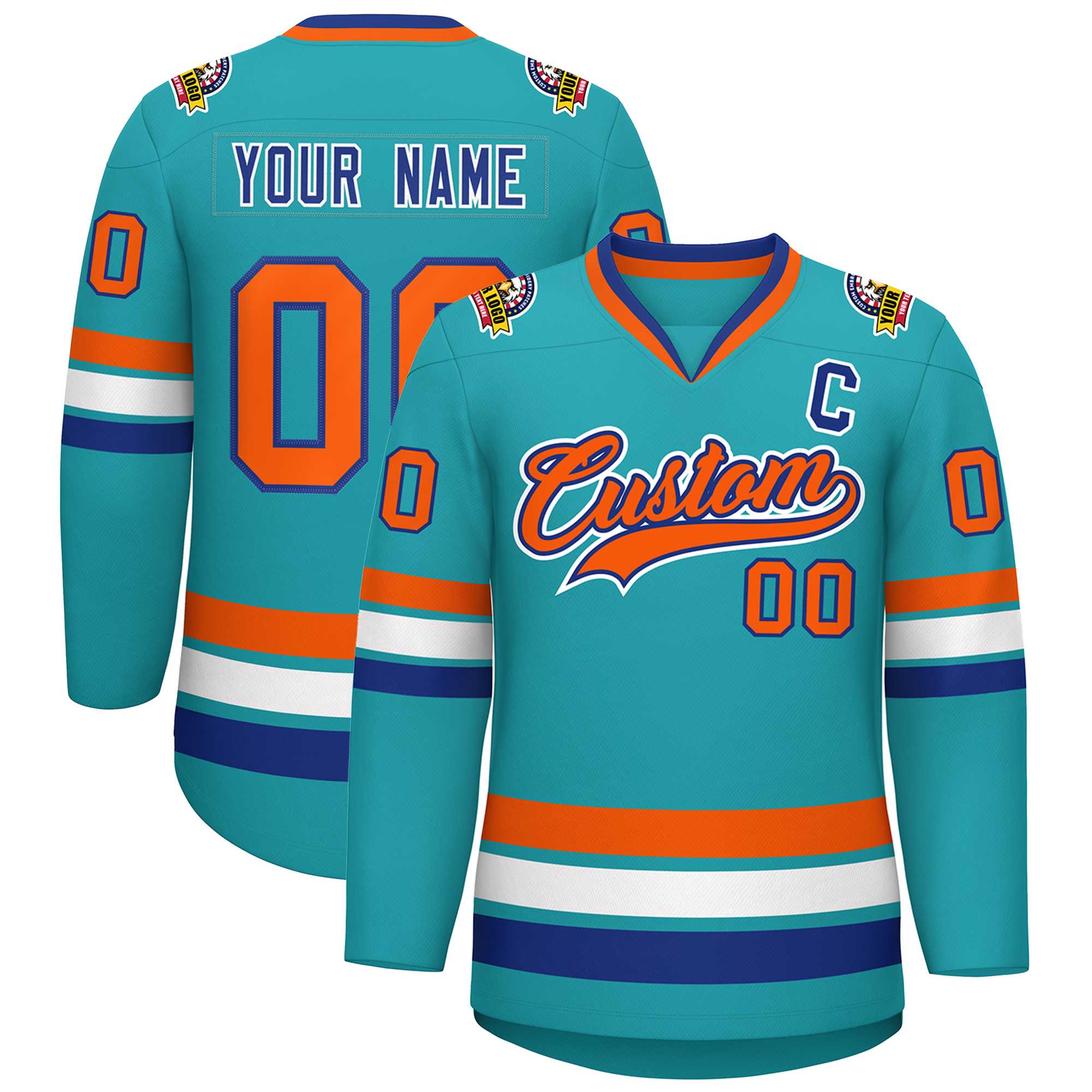 Custom Aqua Orange Royal-White Classic Style Hockey Jersey | KXKSHOP