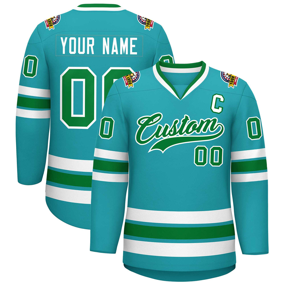 Custom Aqua Kelly Green-White Classic Style Hockey Jersey | KXKSHOP
