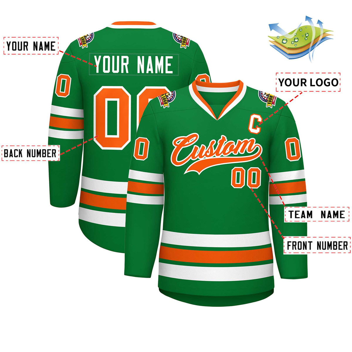 Custom Kelly Green Orange-White Classic Style Hockey Jersey | KXKSHOP